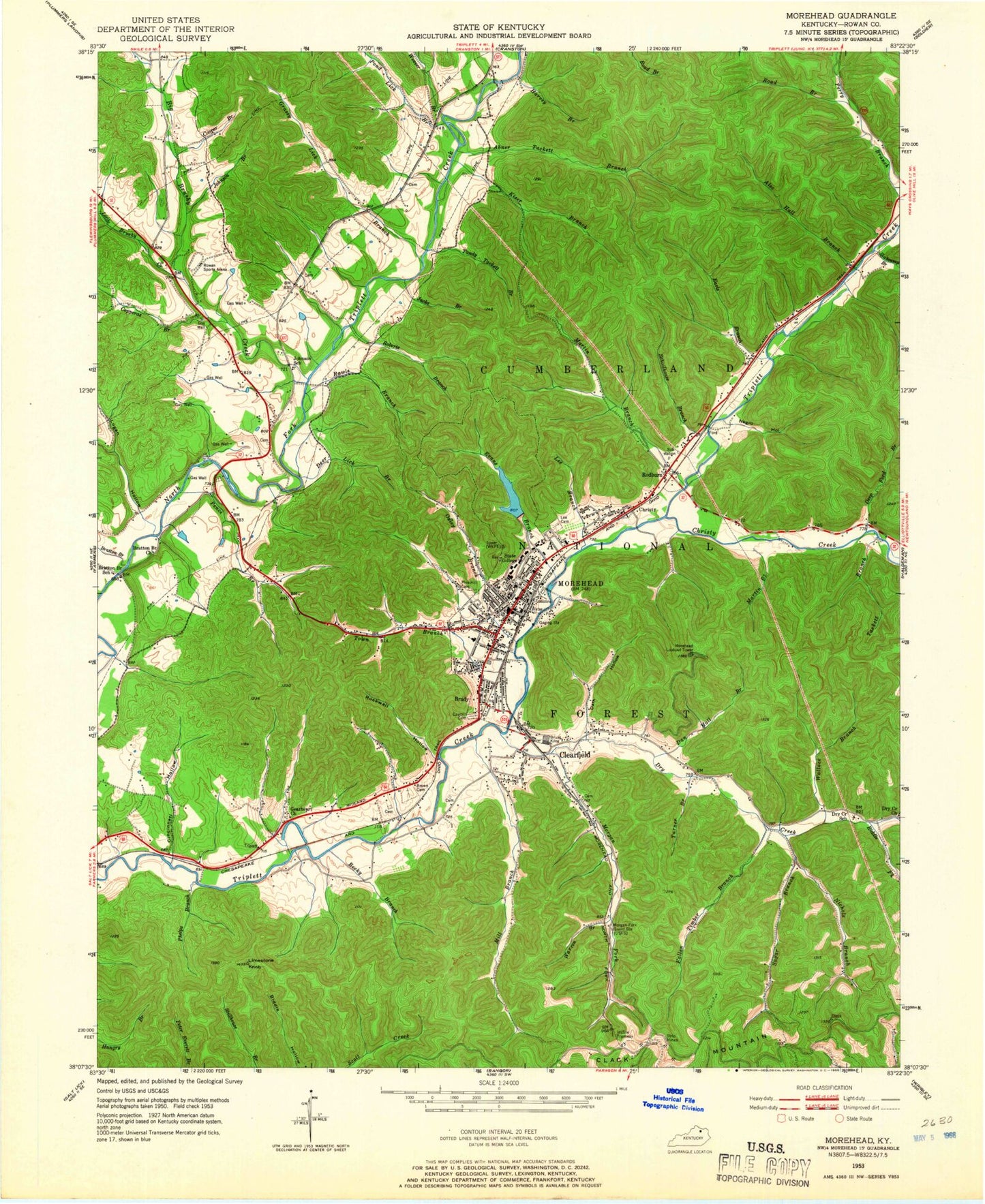 Classic USGS Morehead Kentucky 7.5'x7.5' Topo Map Image