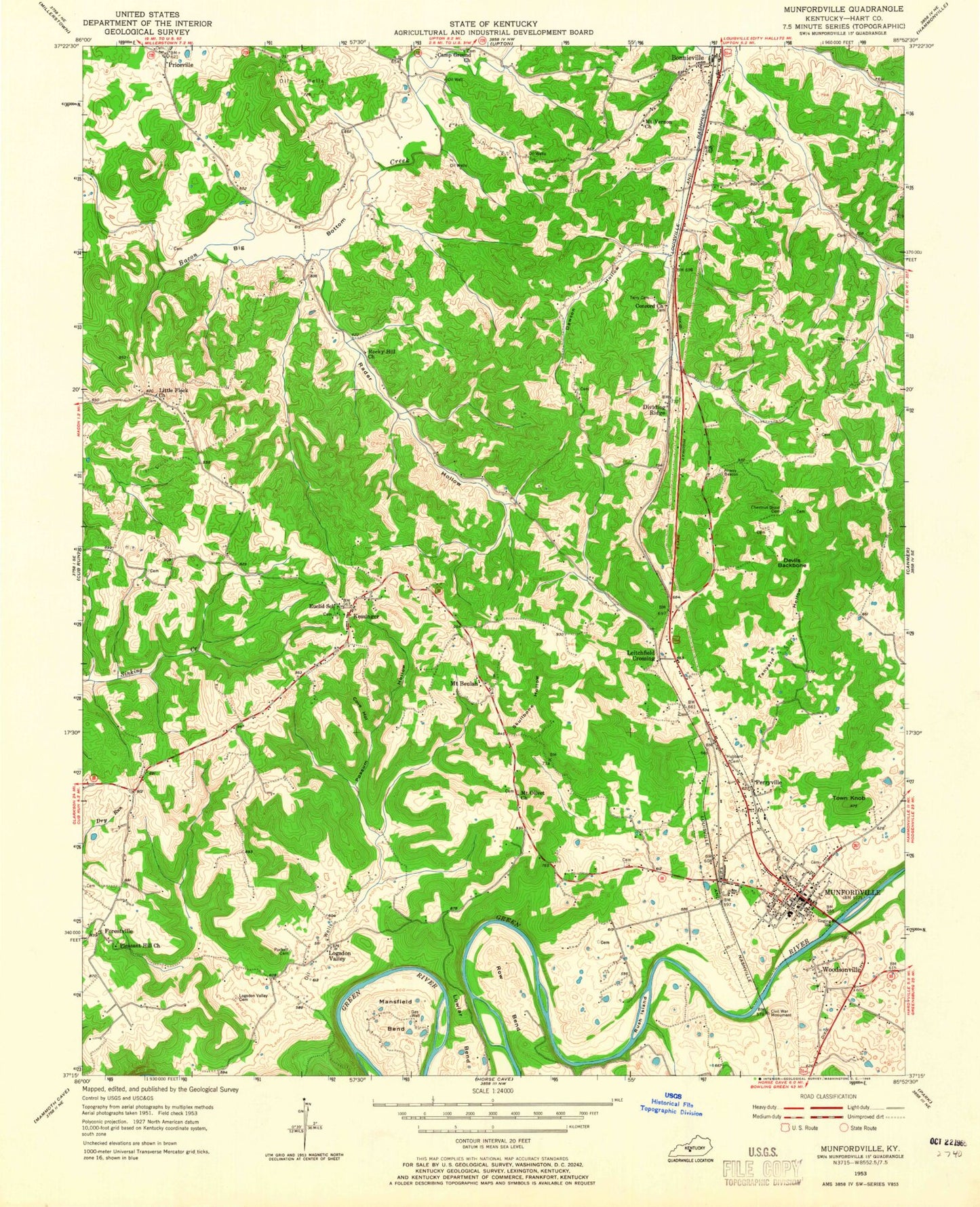 Classic USGS Munfordville Kentucky 7.5'x7.5' Topo Map Image