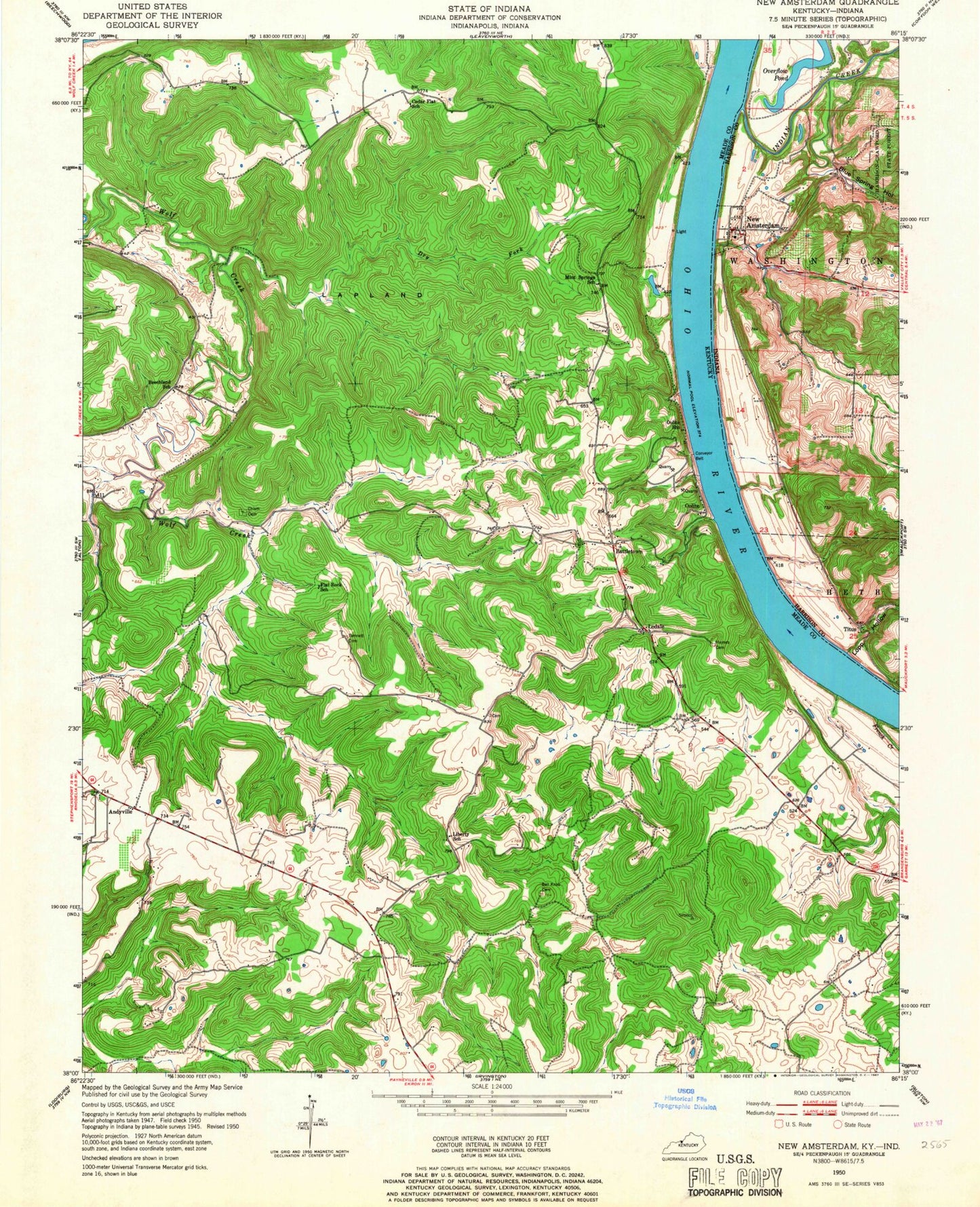 Classic USGS New Amsterdam Indiana 7.5'x7.5' Topo Map Image