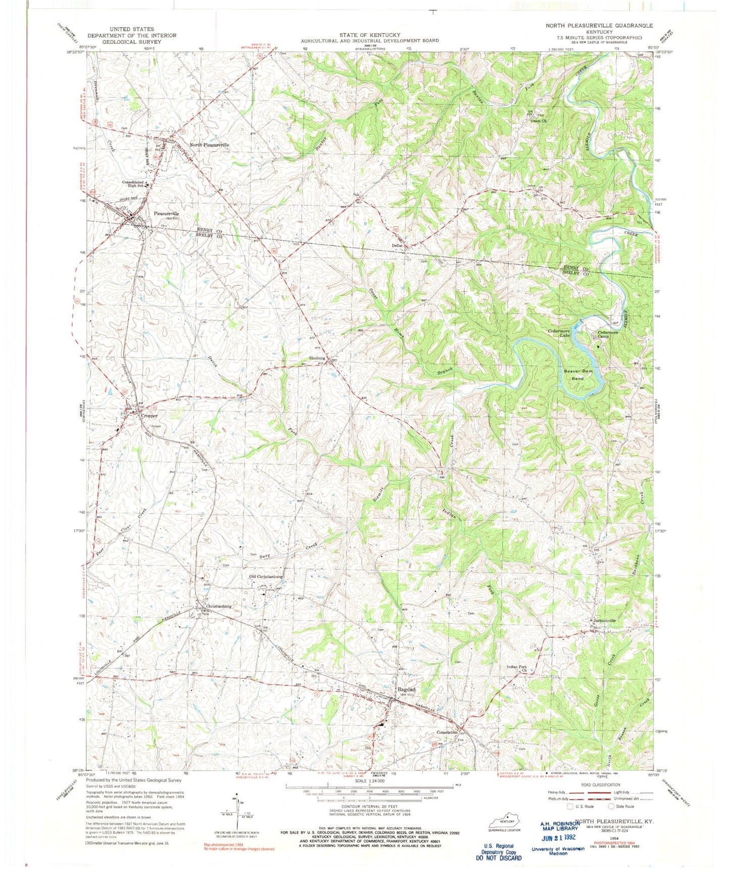 Classic USGS North Pleasureville Kentucky 7.5'x7.5' Topo Map Image