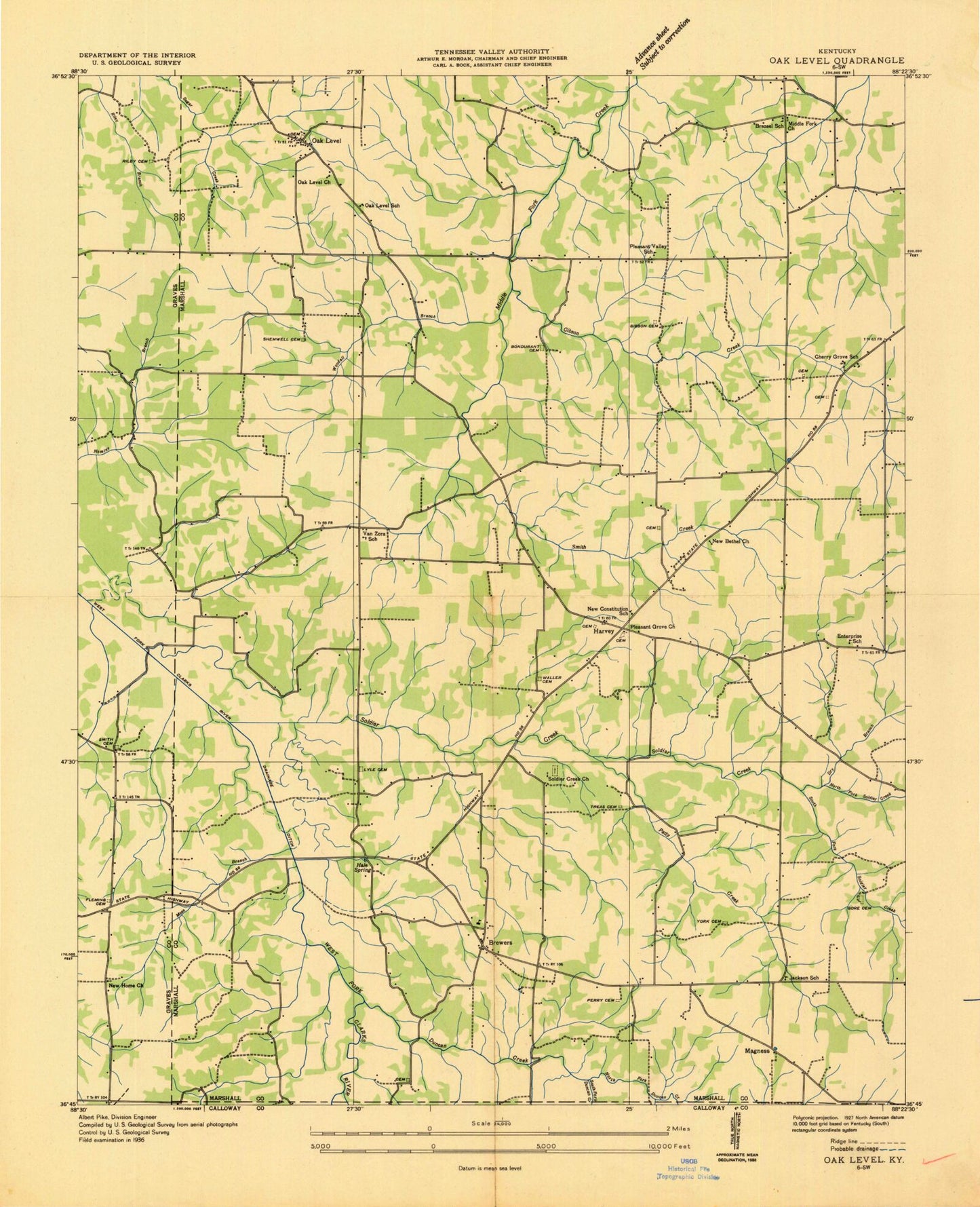 Classic USGS Oak Level Kentucky 7.5'x7.5' Topo Map Image