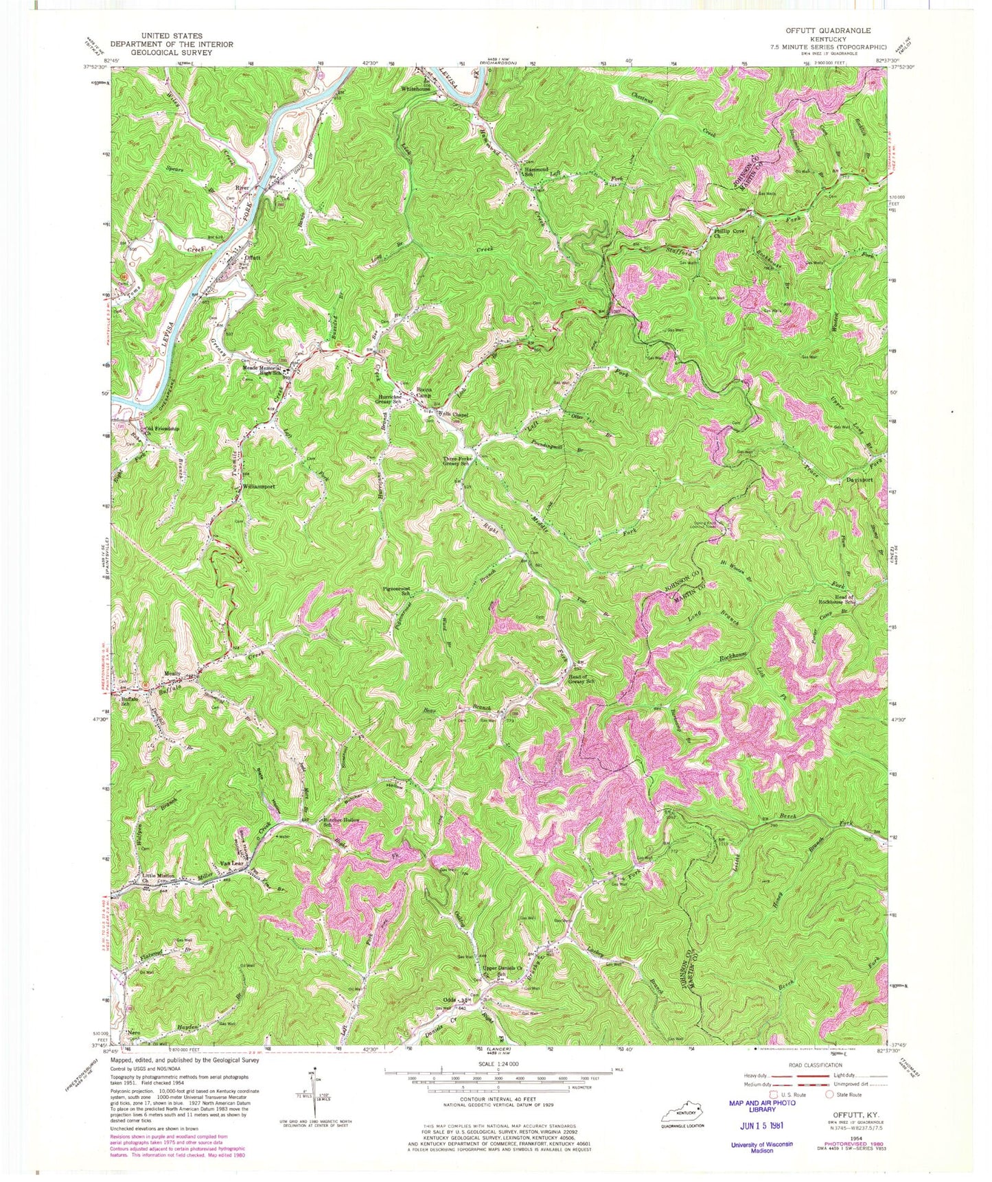 Classic USGS Offutt Kentucky 7.5'x7.5' Topo Map Image
