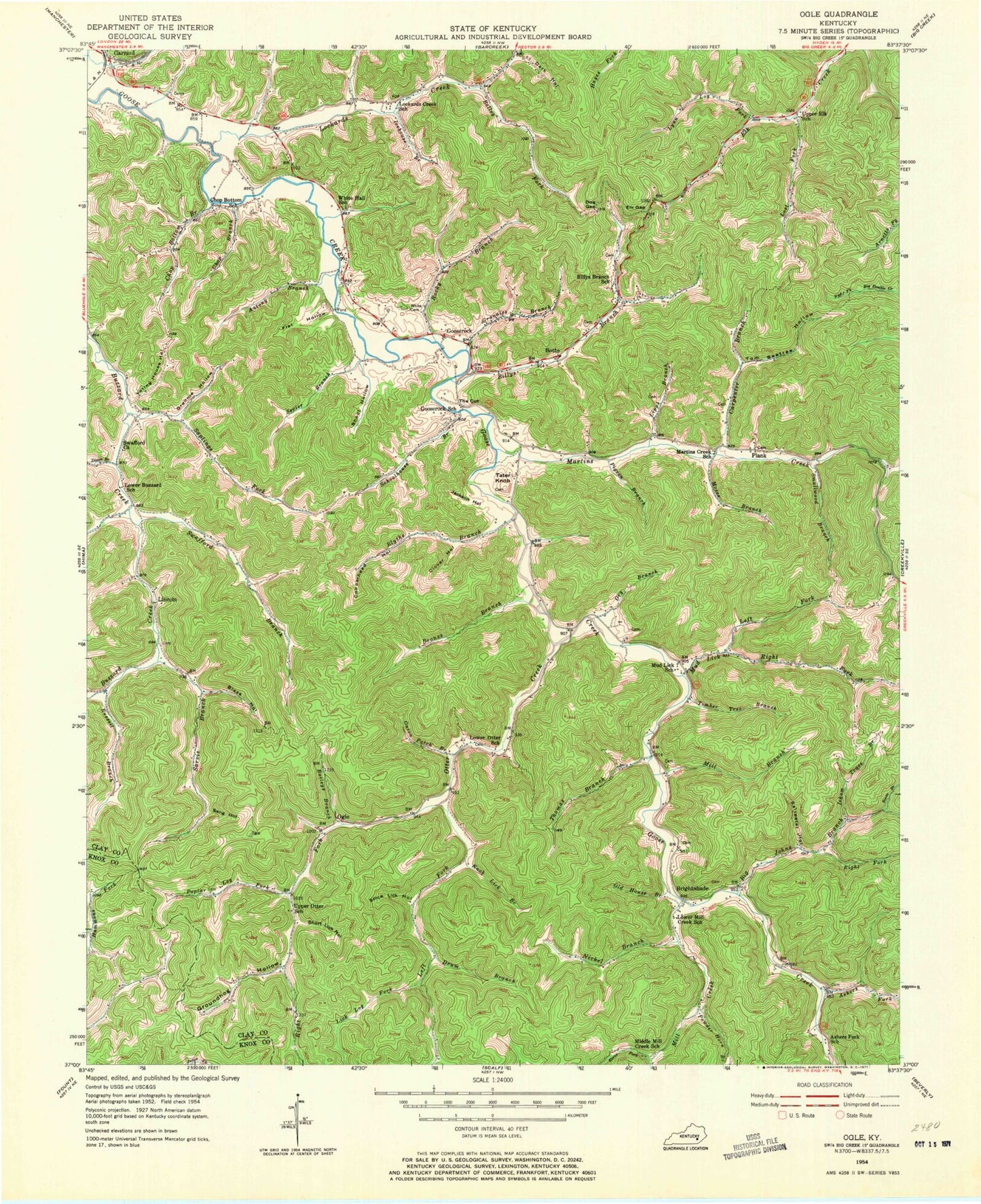 Classic USGS Ogle Kentucky 7.5'x7.5' Topo Map Image