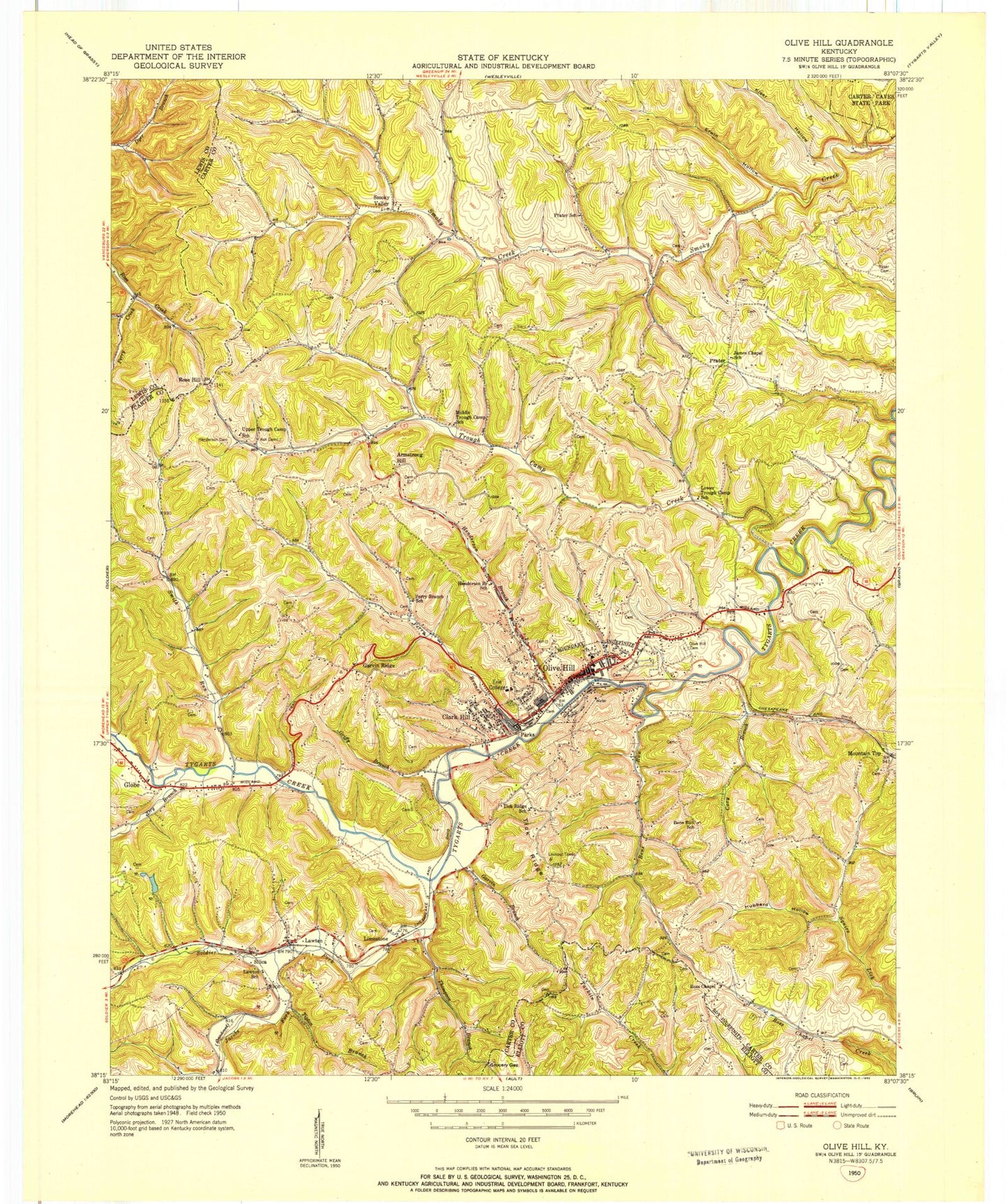 Classic USGS Olive Hill Kentucky 7.5'x7.5' Topo Map Image