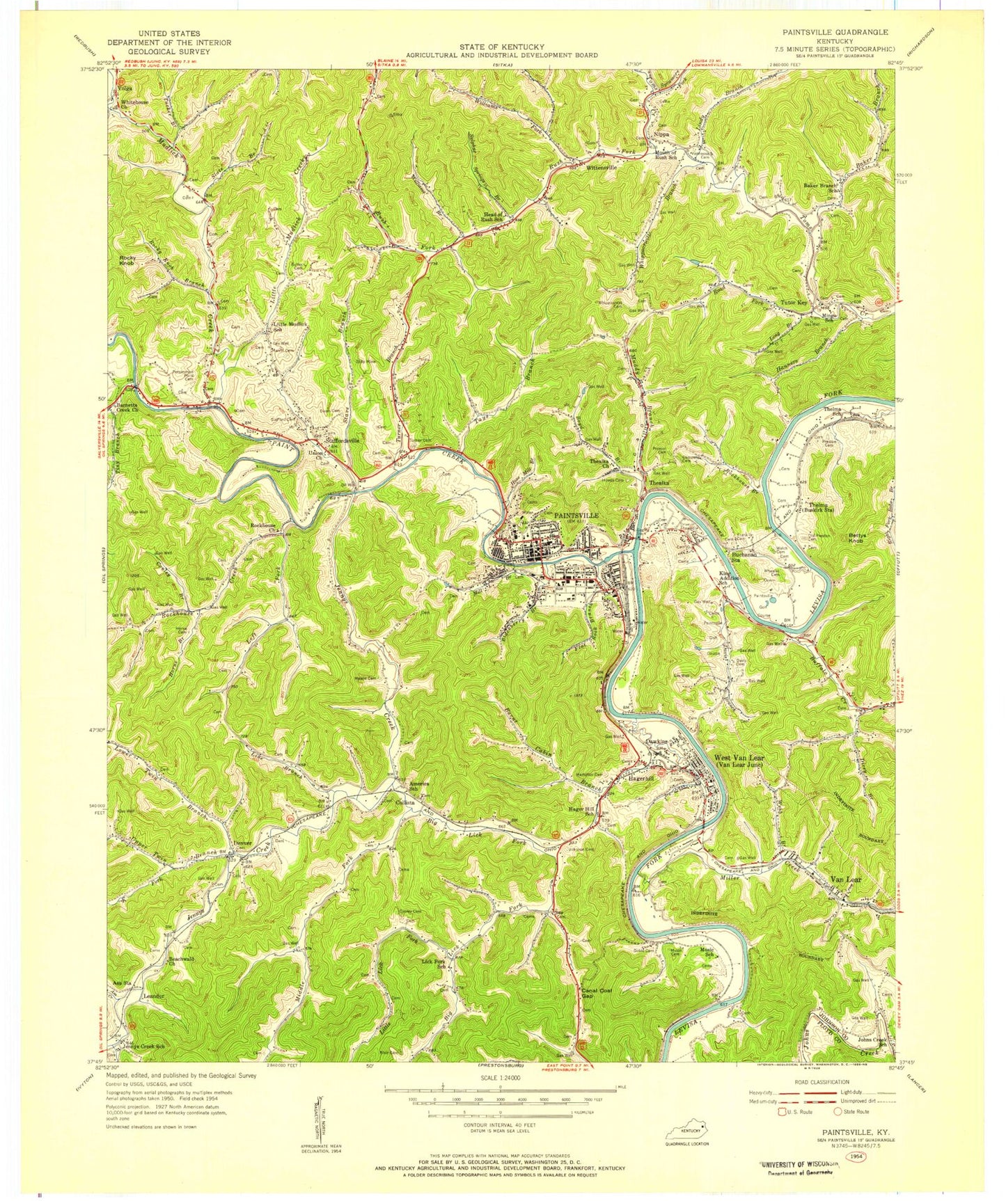 Classic USGS Paintsville Kentucky 7.5'x7.5' Topo Map Image