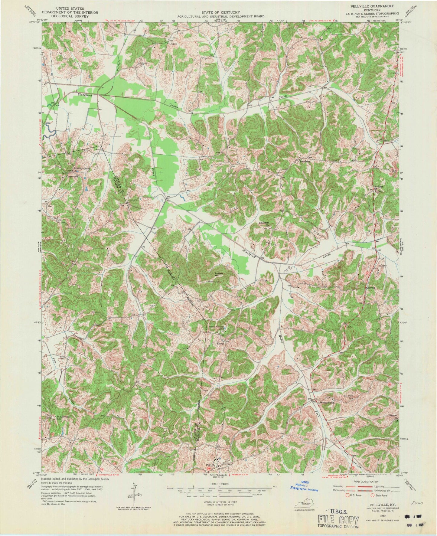 Classic USGS Pellville Kentucky 7.5'x7.5' Topo Map Image