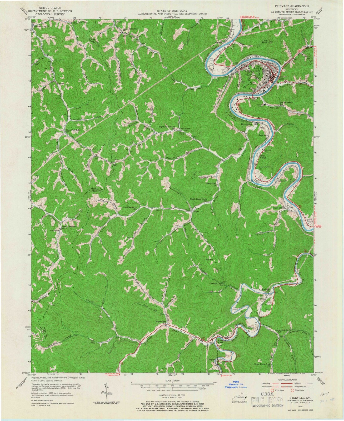 Classic USGS Pikeville Kentucky 7.5'x7.5' Topo Map Image
