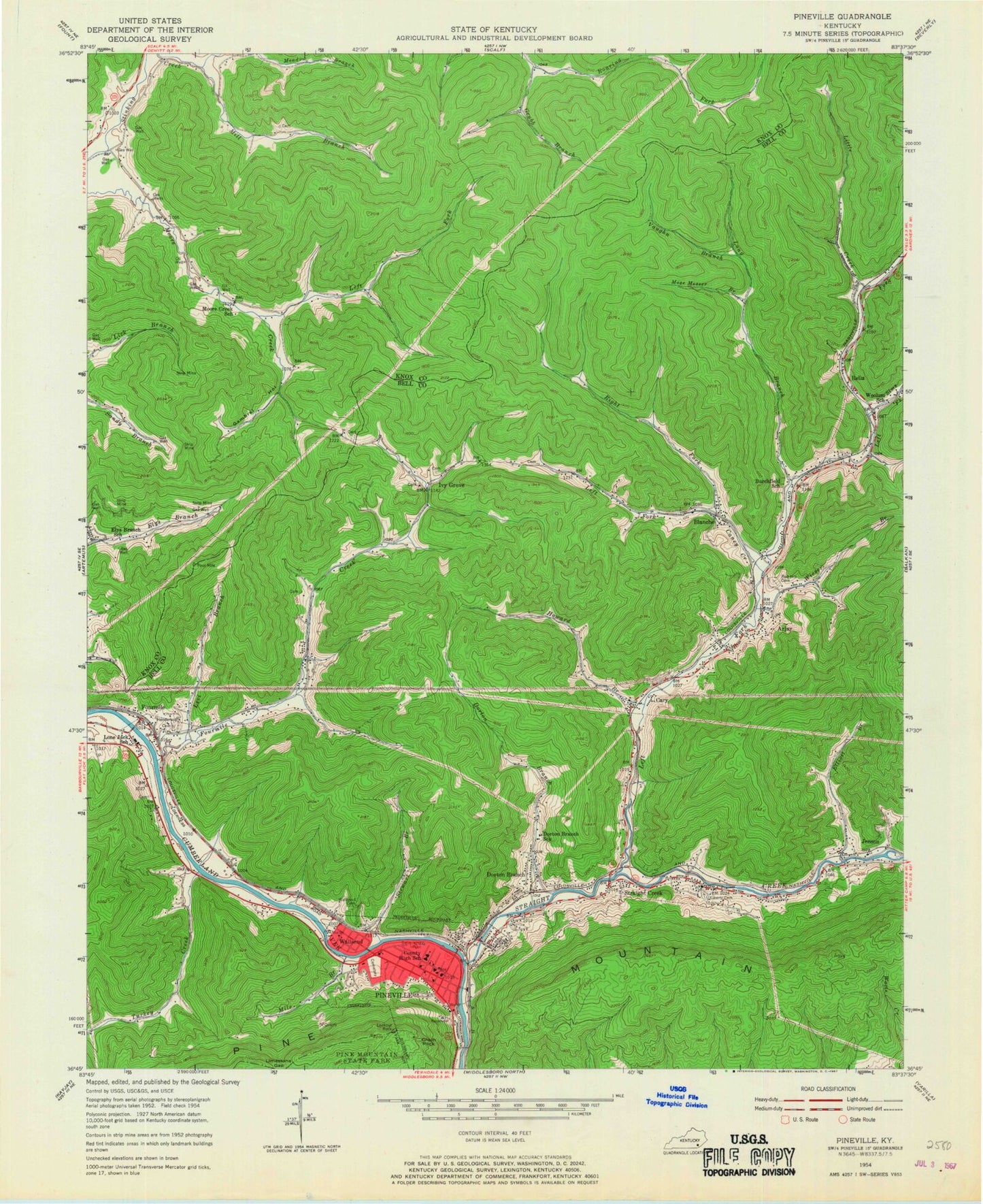Classic USGS Pineville Kentucky 7.5'x7.5' Topo Map Image