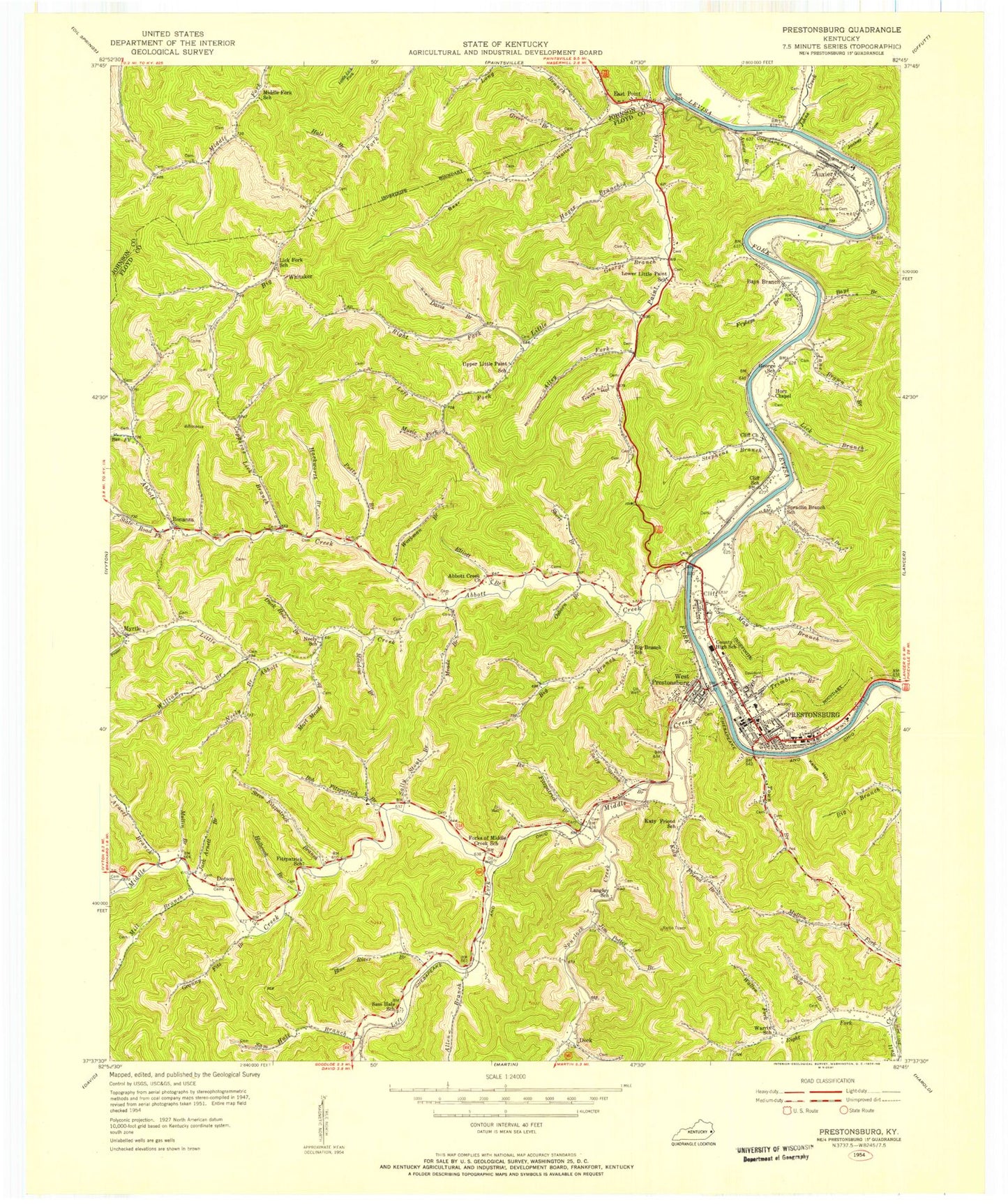 Classic USGS Prestonsburg Kentucky 7.5'x7.5' Topo Map Image