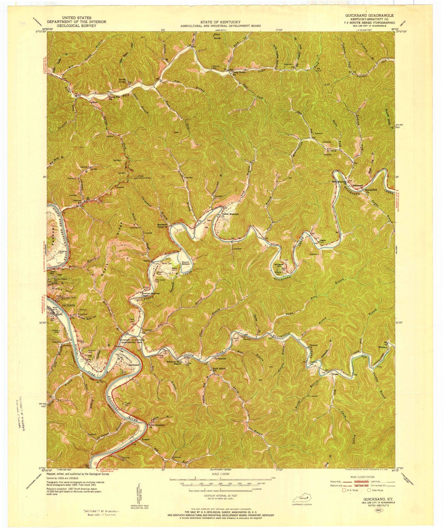 Classic USGS Quicksand Kentucky 7.5'x7.5' Topo Map Image