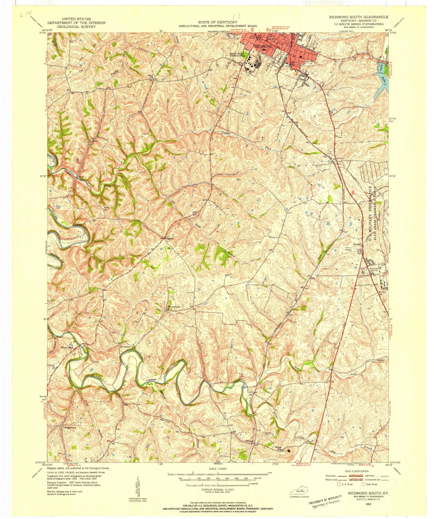 Classic USGS Richmond South Kentucky 7.5'x7.5' Topo Map Image