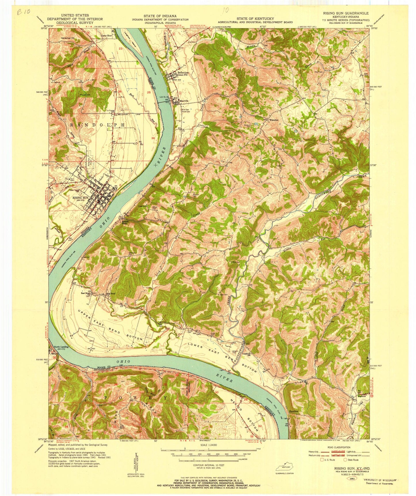 Classic USGS Rising Sun Indiana 7.5'x7.5' Topo Map Image