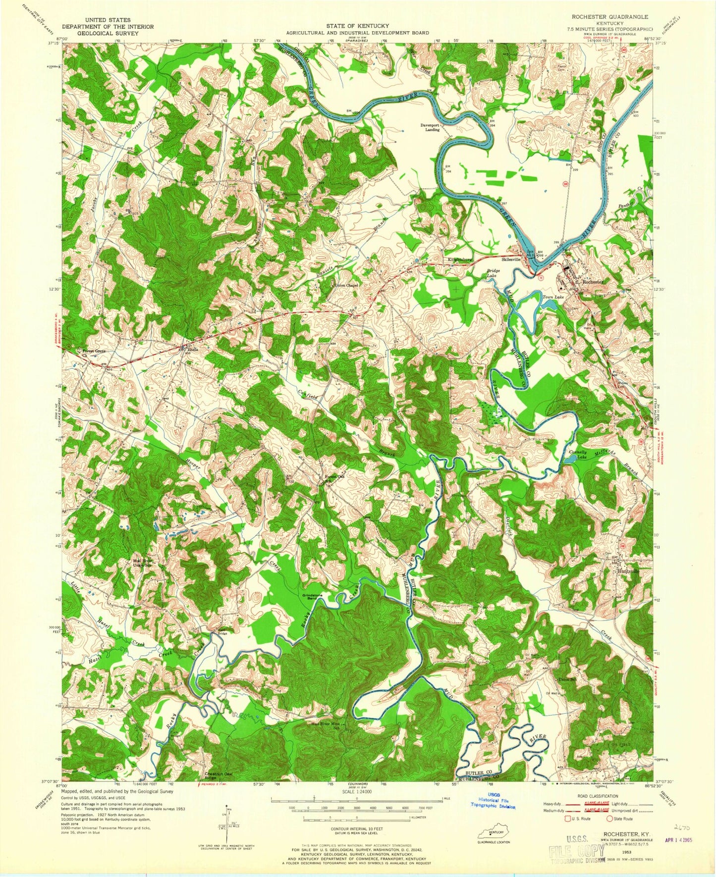 Classic USGS Rochester Kentucky 7.5'x7.5' Topo Map Image