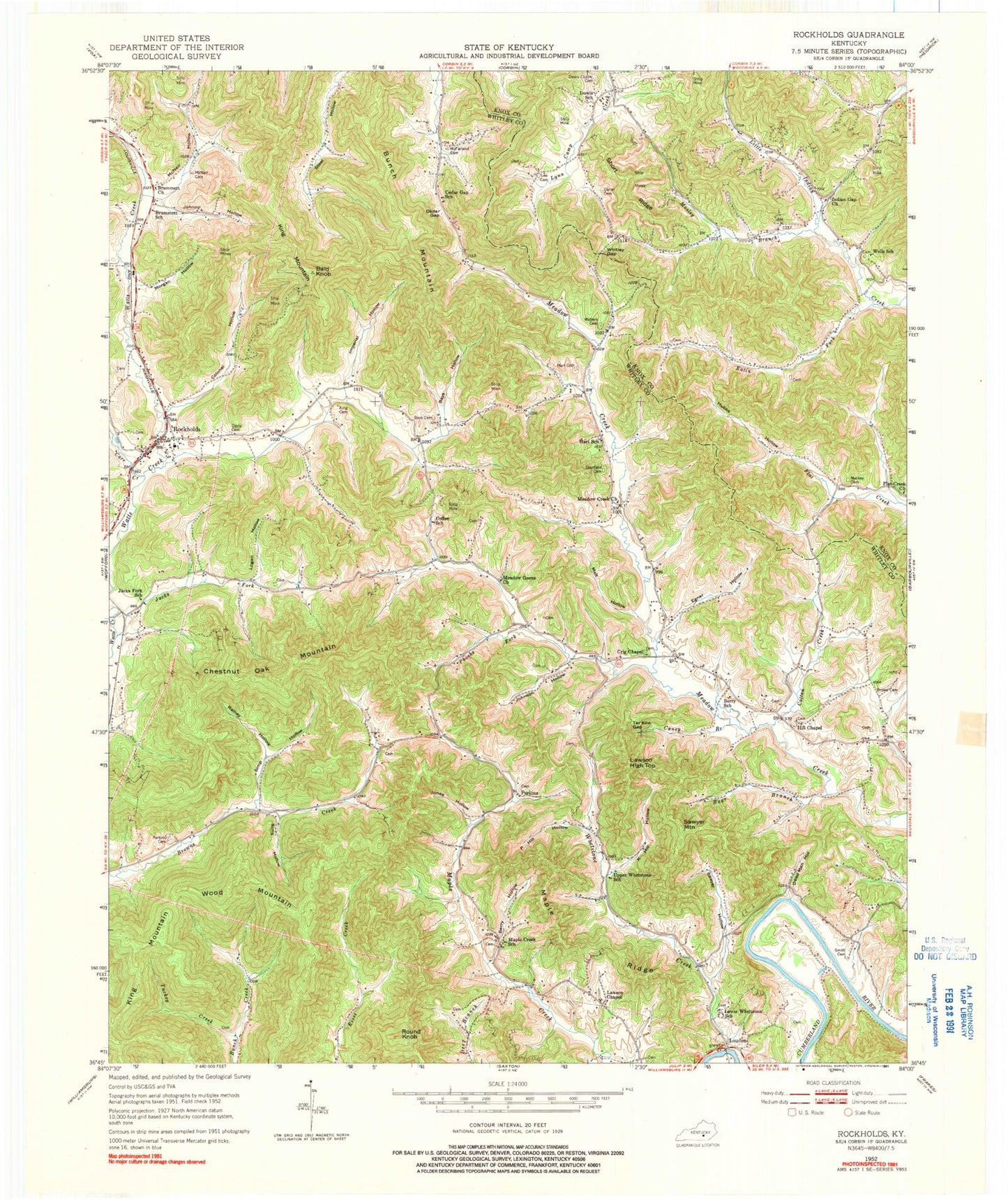 Classic USGS Rockholds Kentucky 7.5'x7.5' Topo Map Image