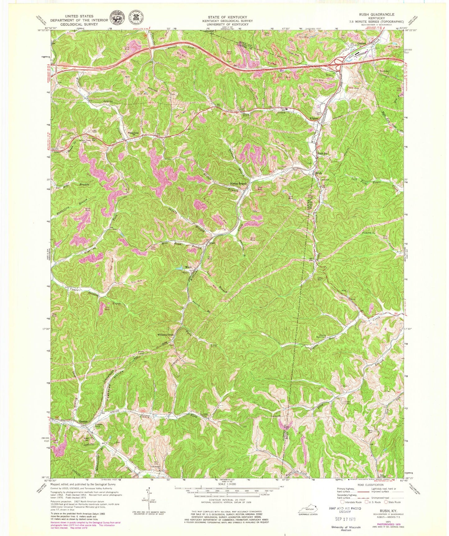 Classic USGS Rush Kentucky 7.5'x7.5' Topo Map Image