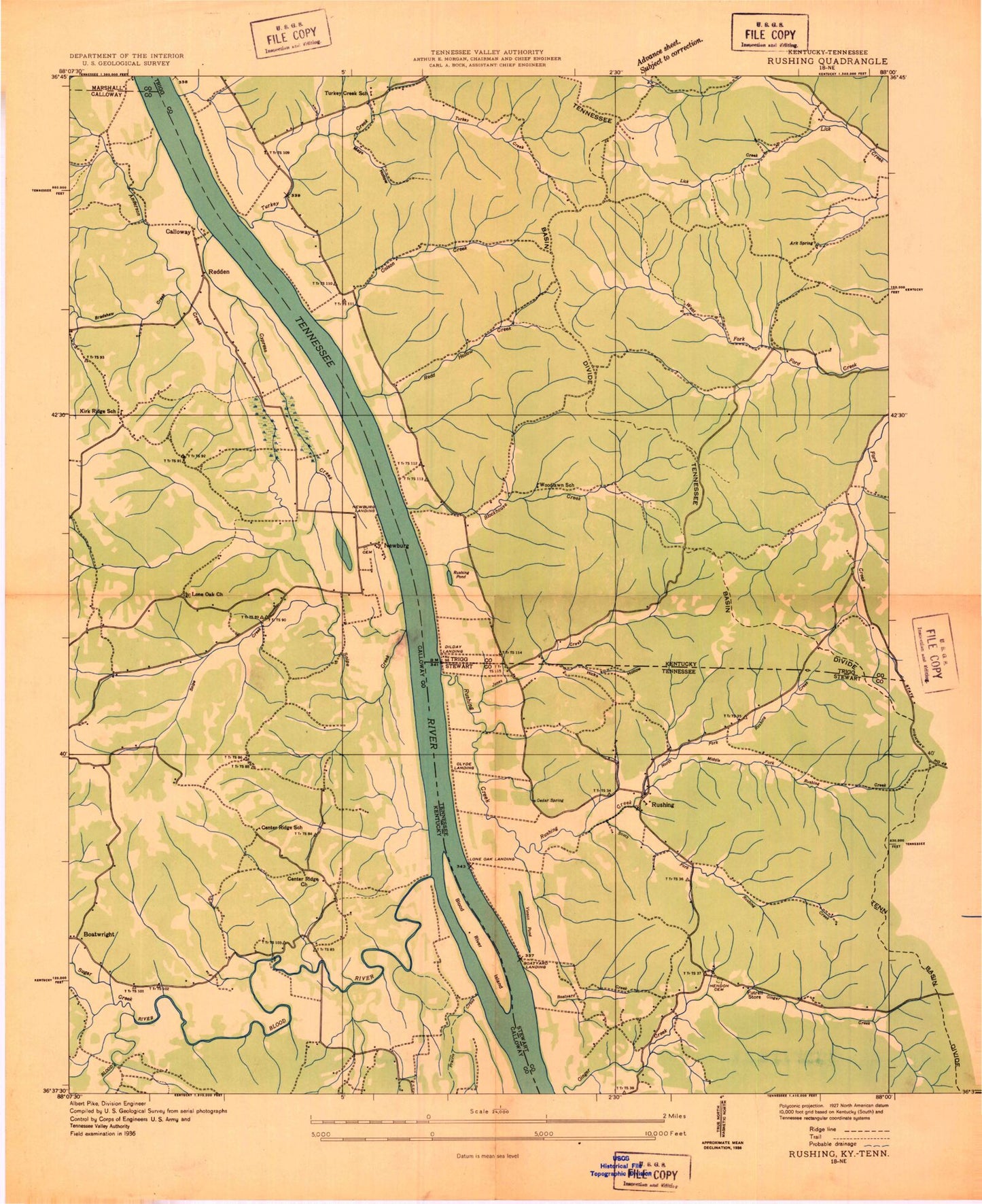 Classic USGS Rushing Bay Tennessee 7.5'x7.5' Topo Map Image