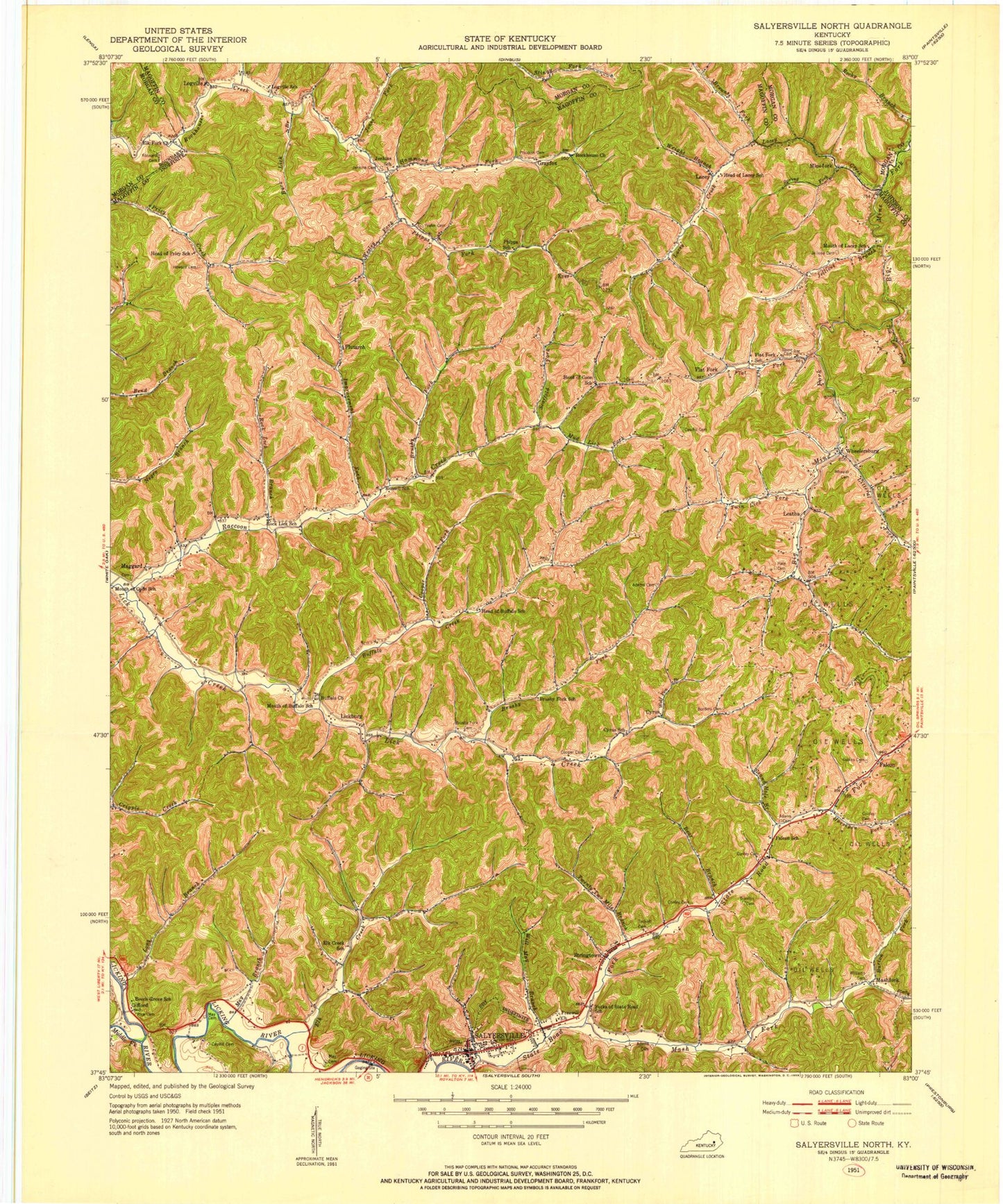 Classic USGS Salyersville North Kentucky 7.5'x7.5' Topo Map Image