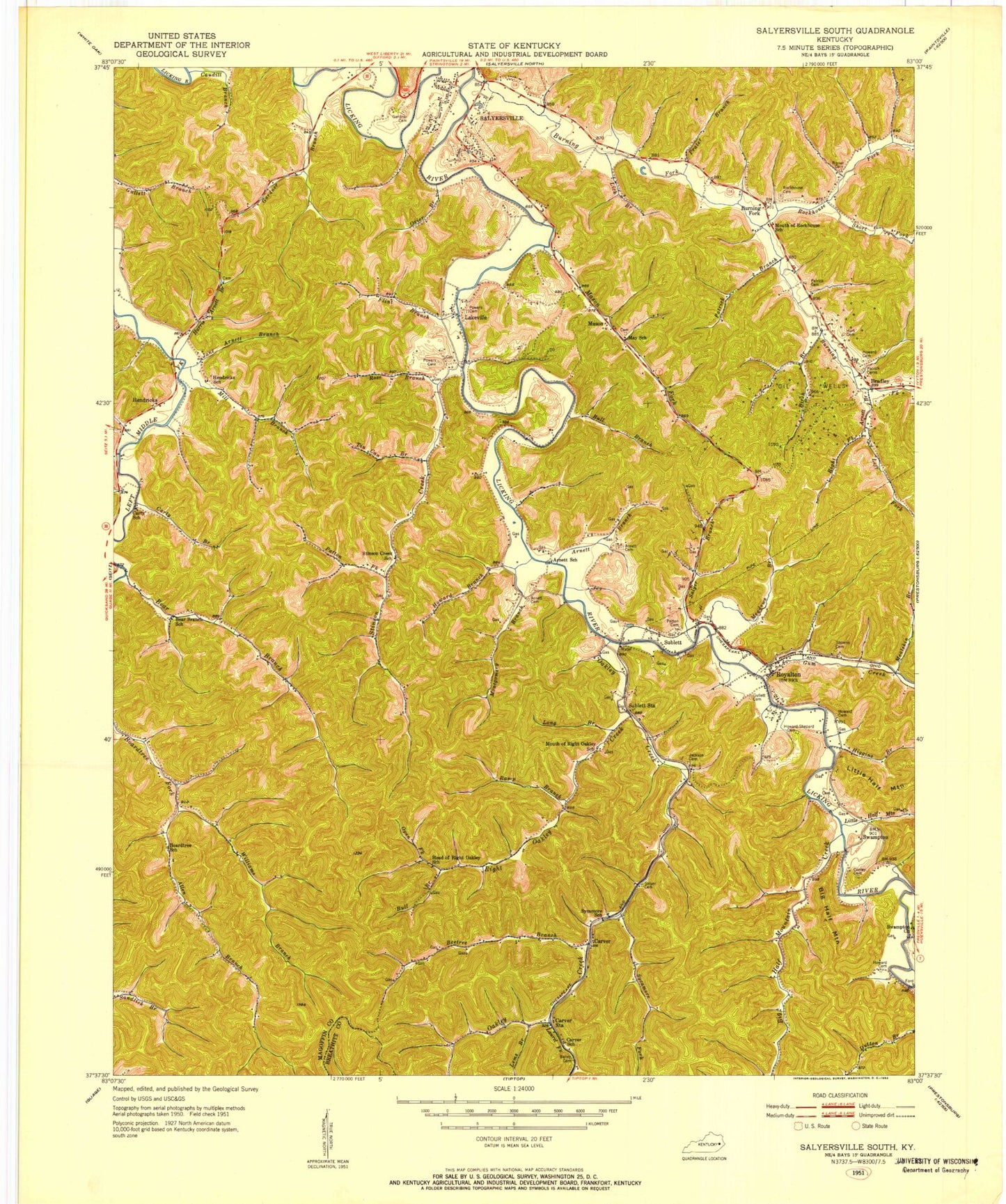 Classic USGS Salyersville South Kentucky 7.5'x7.5' Topo Map Image