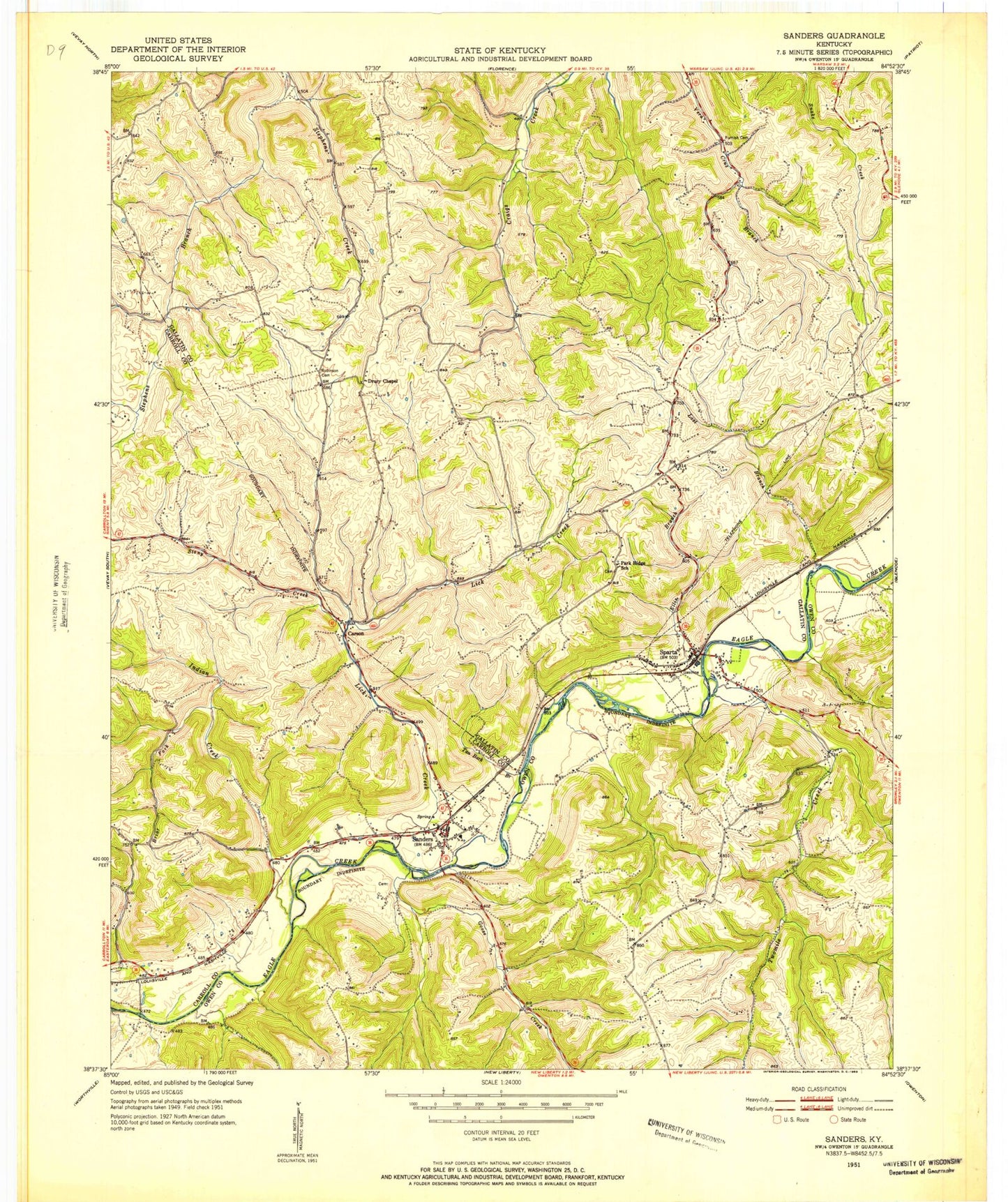 Classic USGS Sanders Kentucky 7.5'x7.5' Topo Map Image