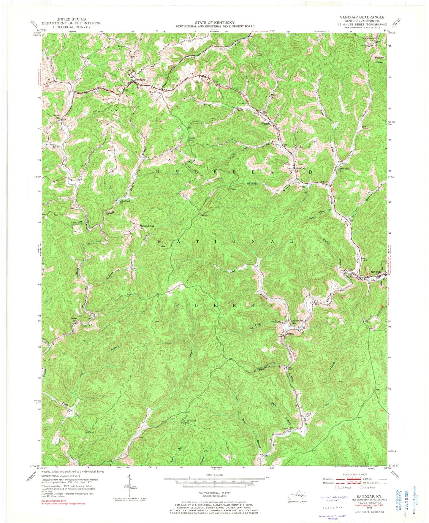 Classic USGS Sandgap Kentucky 7.5'x7.5' Topo Map Image