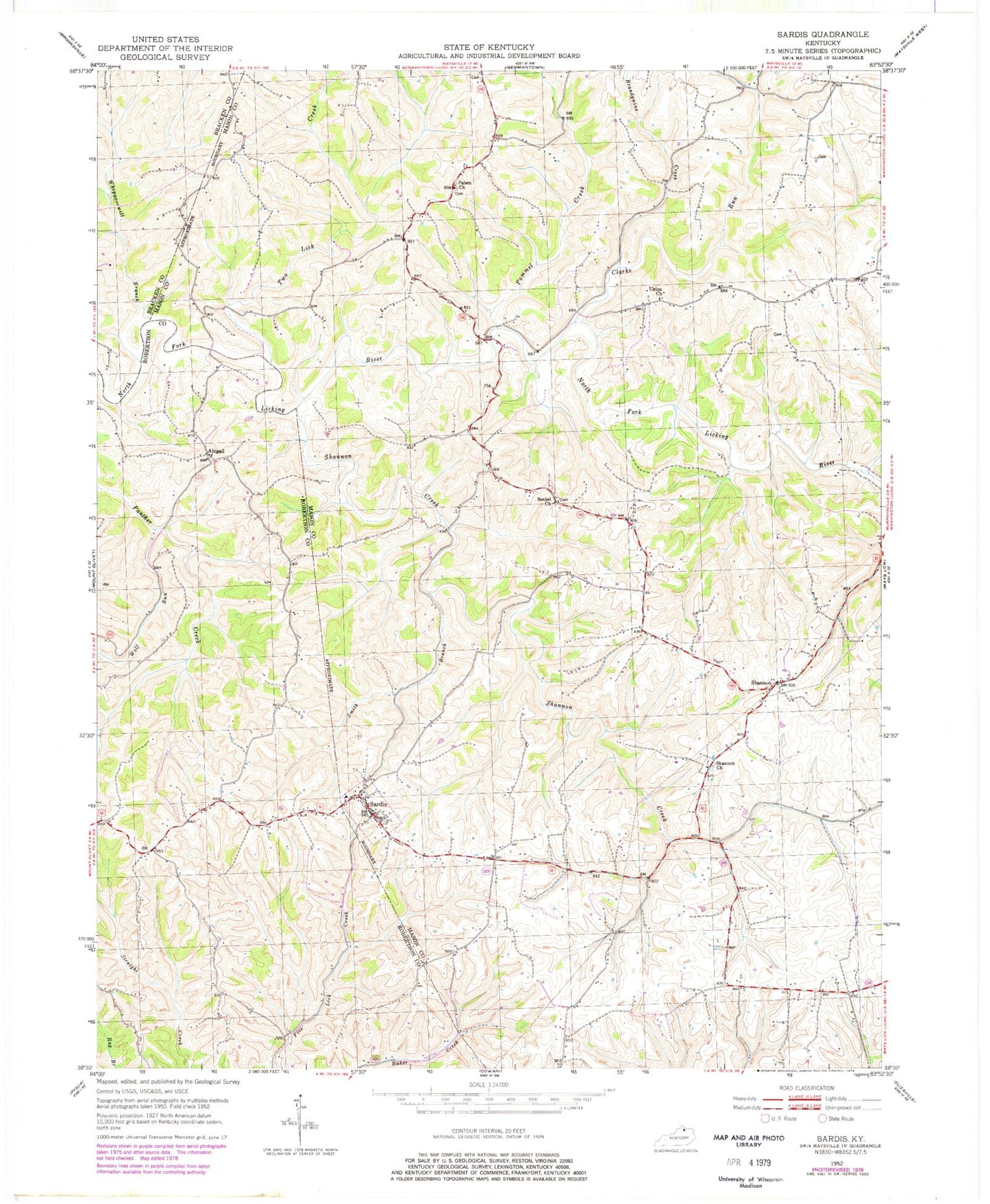 Classic USGS Sardis Kentucky 7.5'x7.5' Topo Map Image