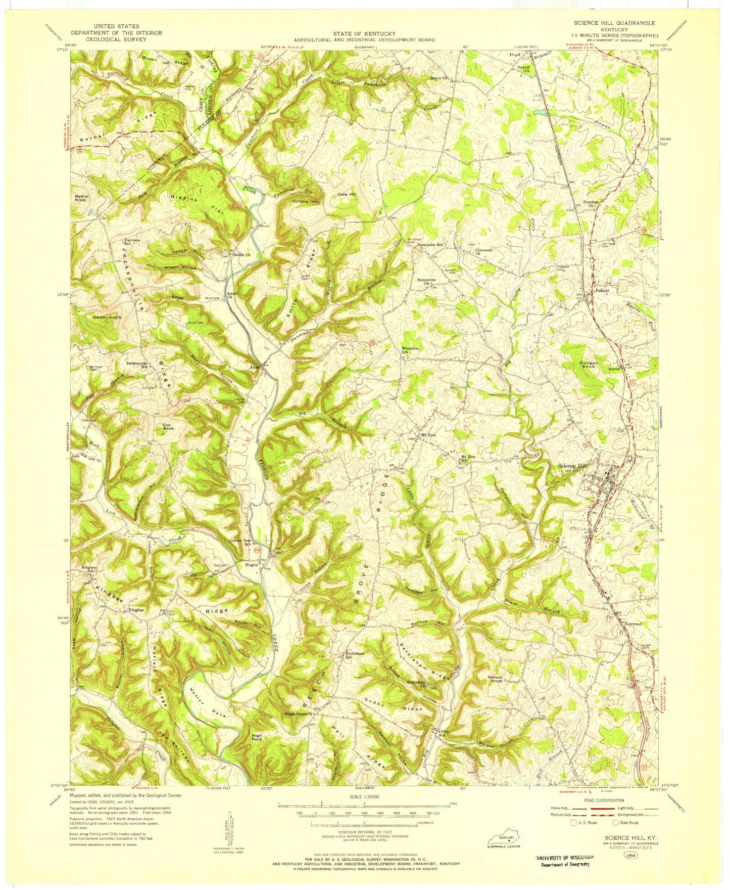 Classic USGS Science Hill Kentucky 7.5'x7.5' Topo Map Image