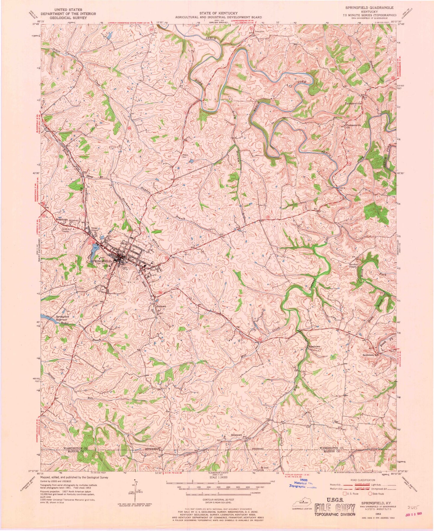 Classic USGS Springfield Kentucky 7.5'x7.5' Topo Map Image