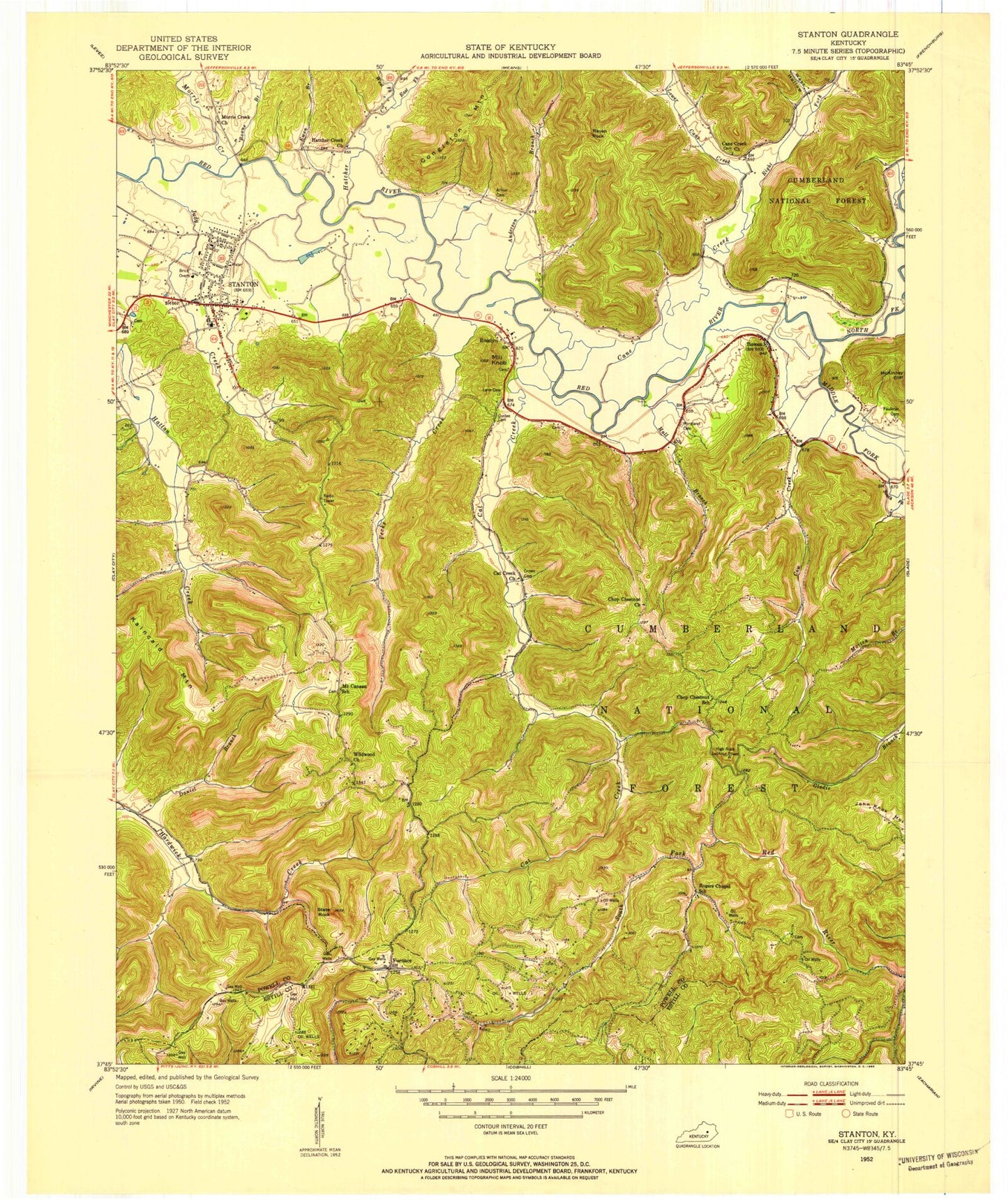 Classic USGS Stanton Kentucky 7.5'x7.5' Topo Map Image