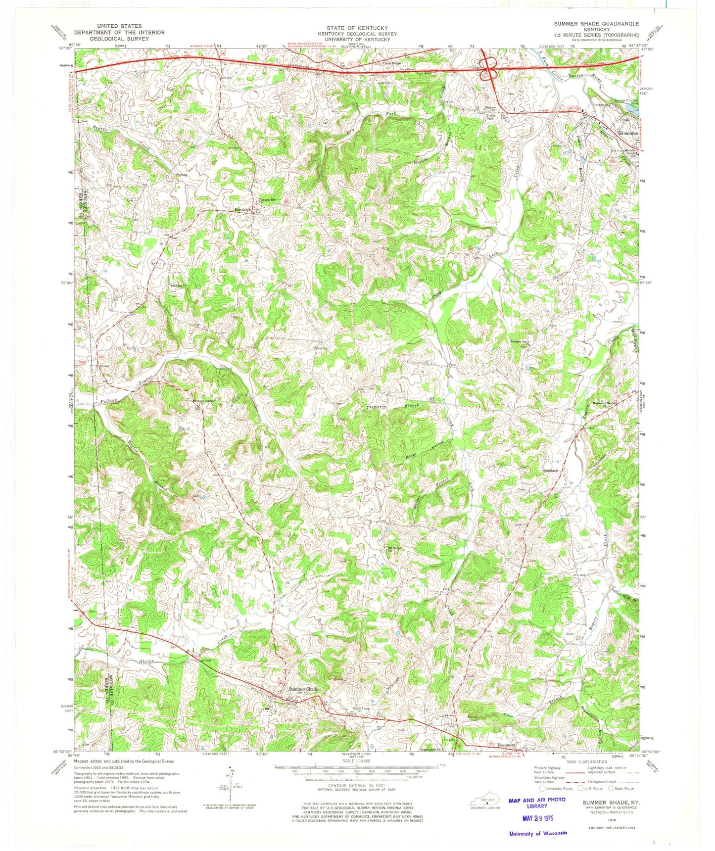 Classic USGS Summer Shade Kentucky 7.5'x7.5' Topo Map Image