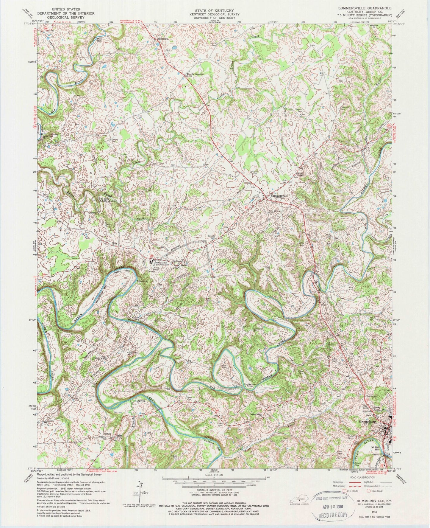 Classic USGS Summersville Kentucky 7.5'x7.5' Topo Map Image