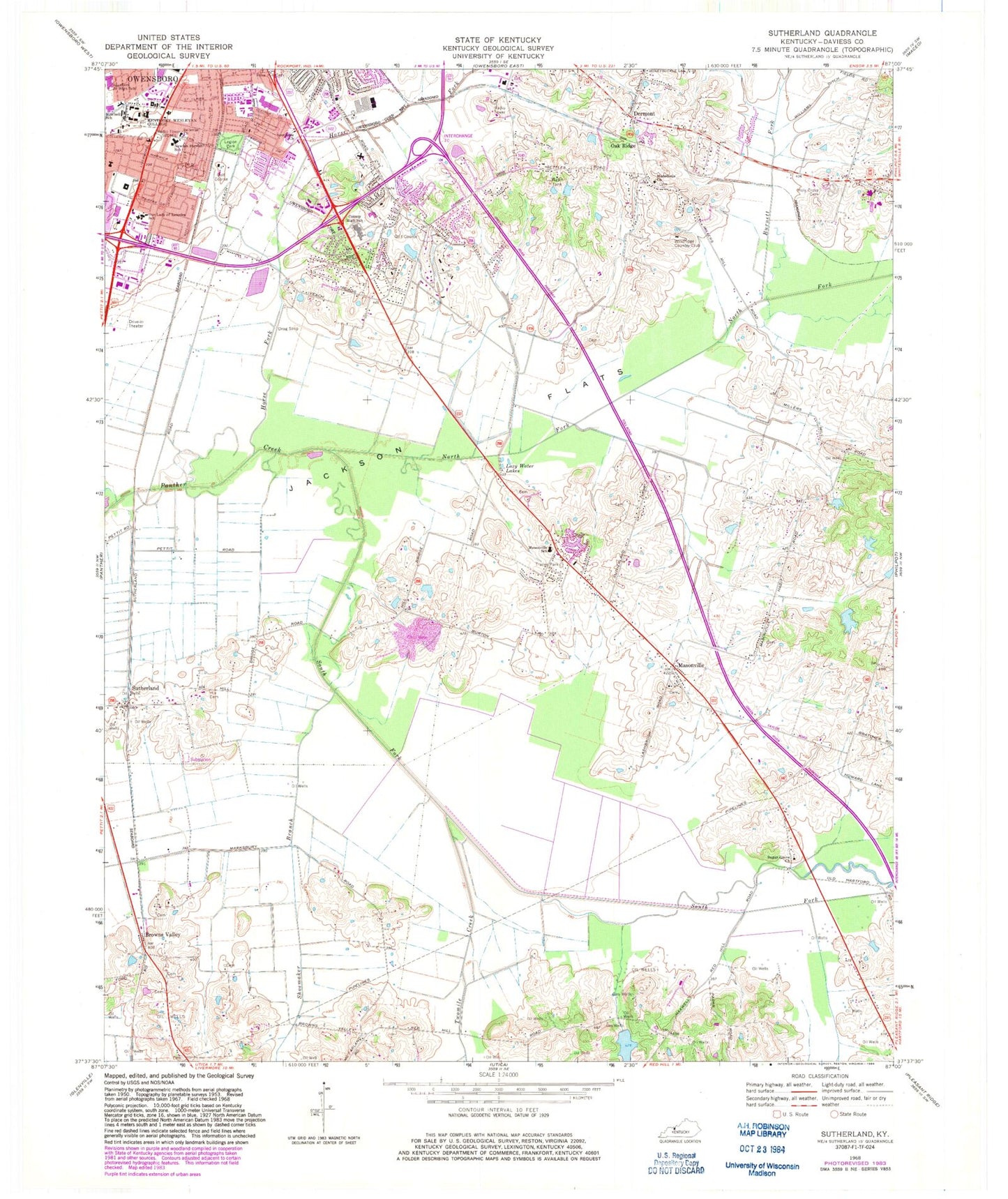 Classic USGS Sutherland Kentucky 7.5'x7.5' Topo Map Image