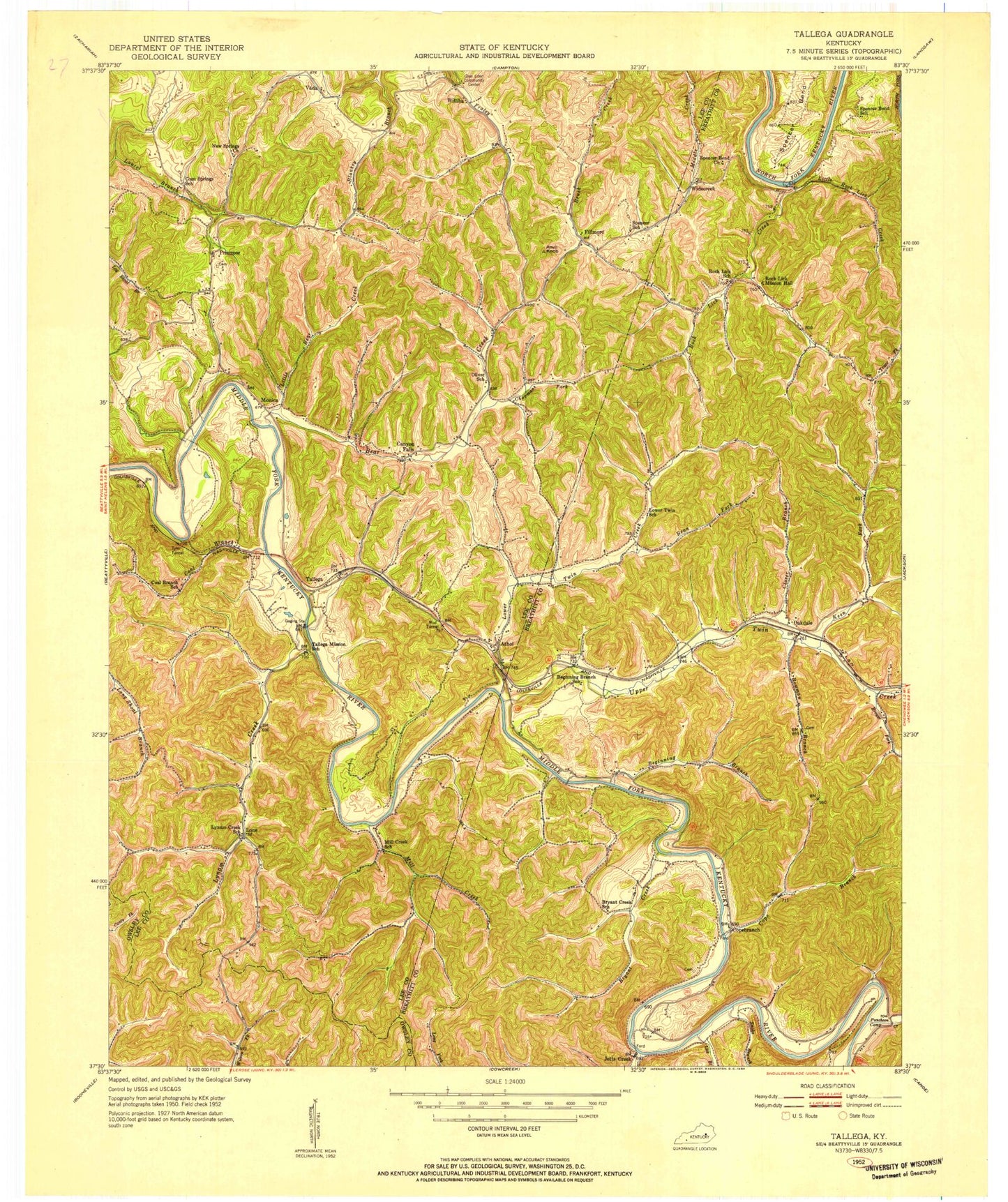 Classic USGS Tallega Kentucky 7.5'x7.5' Topo Map Image