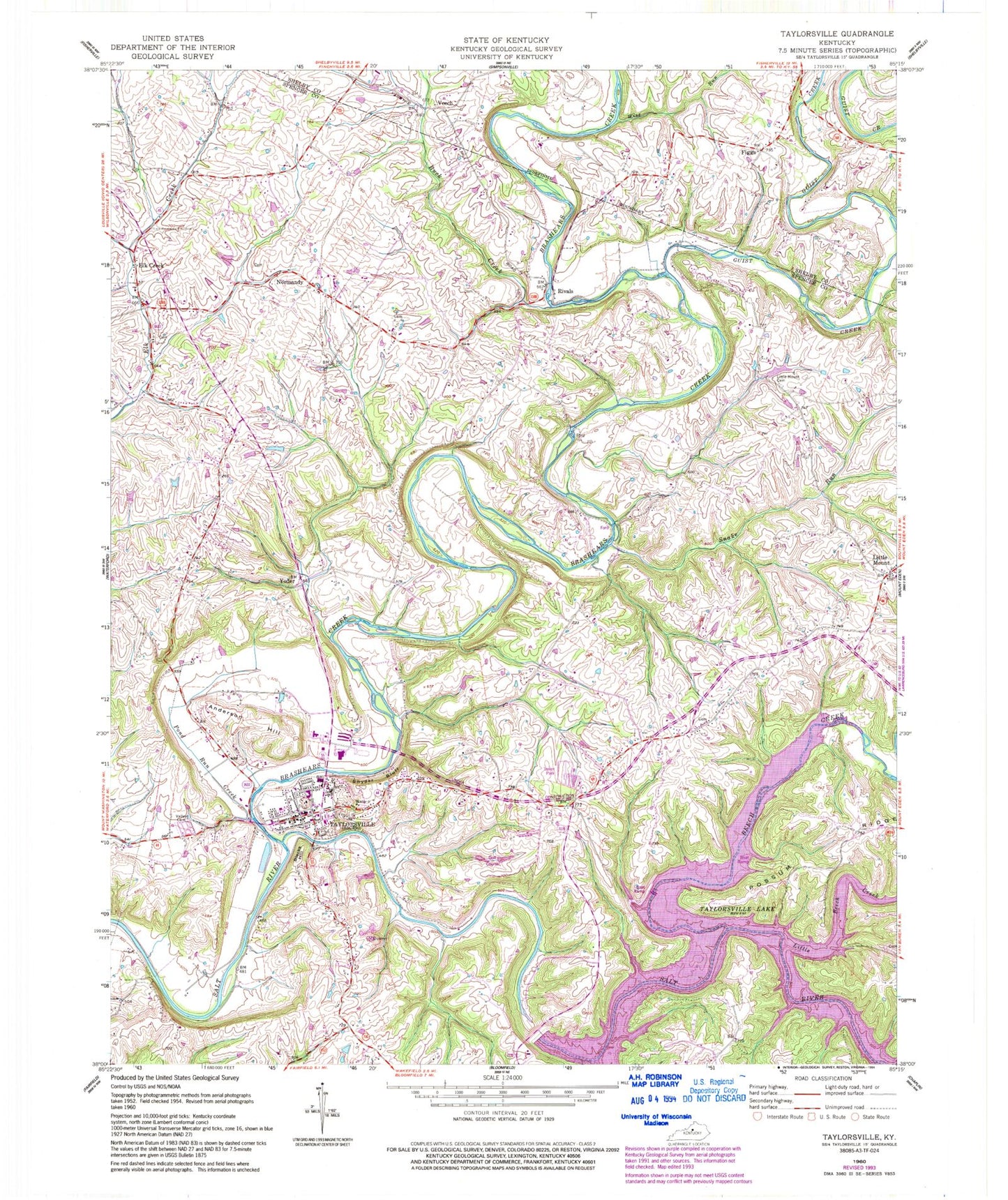 Classic USGS Taylorsville Kentucky 7.5'x7.5' Topo Map Image