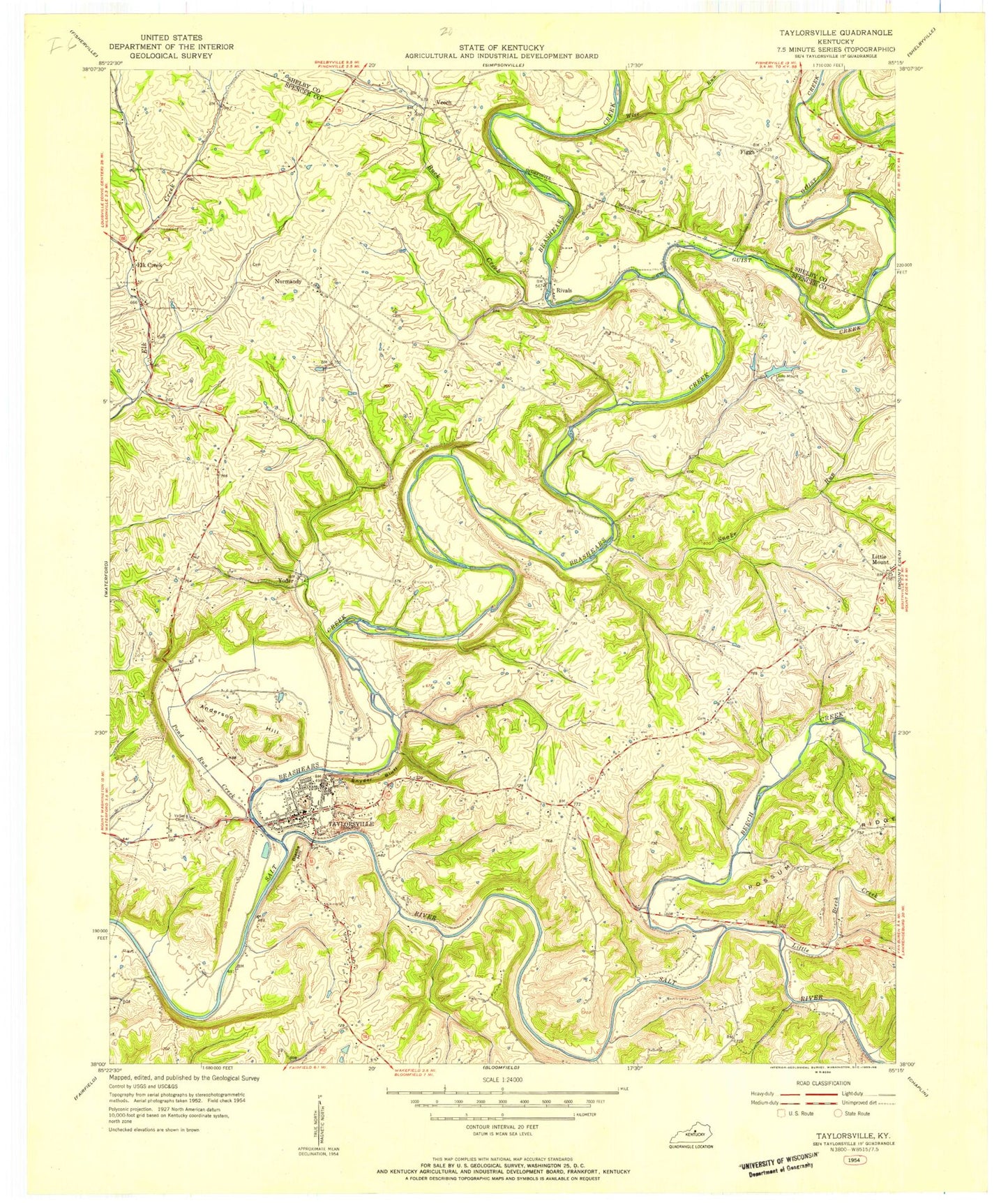 Classic USGS Taylorsville Kentucky 7.5'x7.5' Topo Map Image