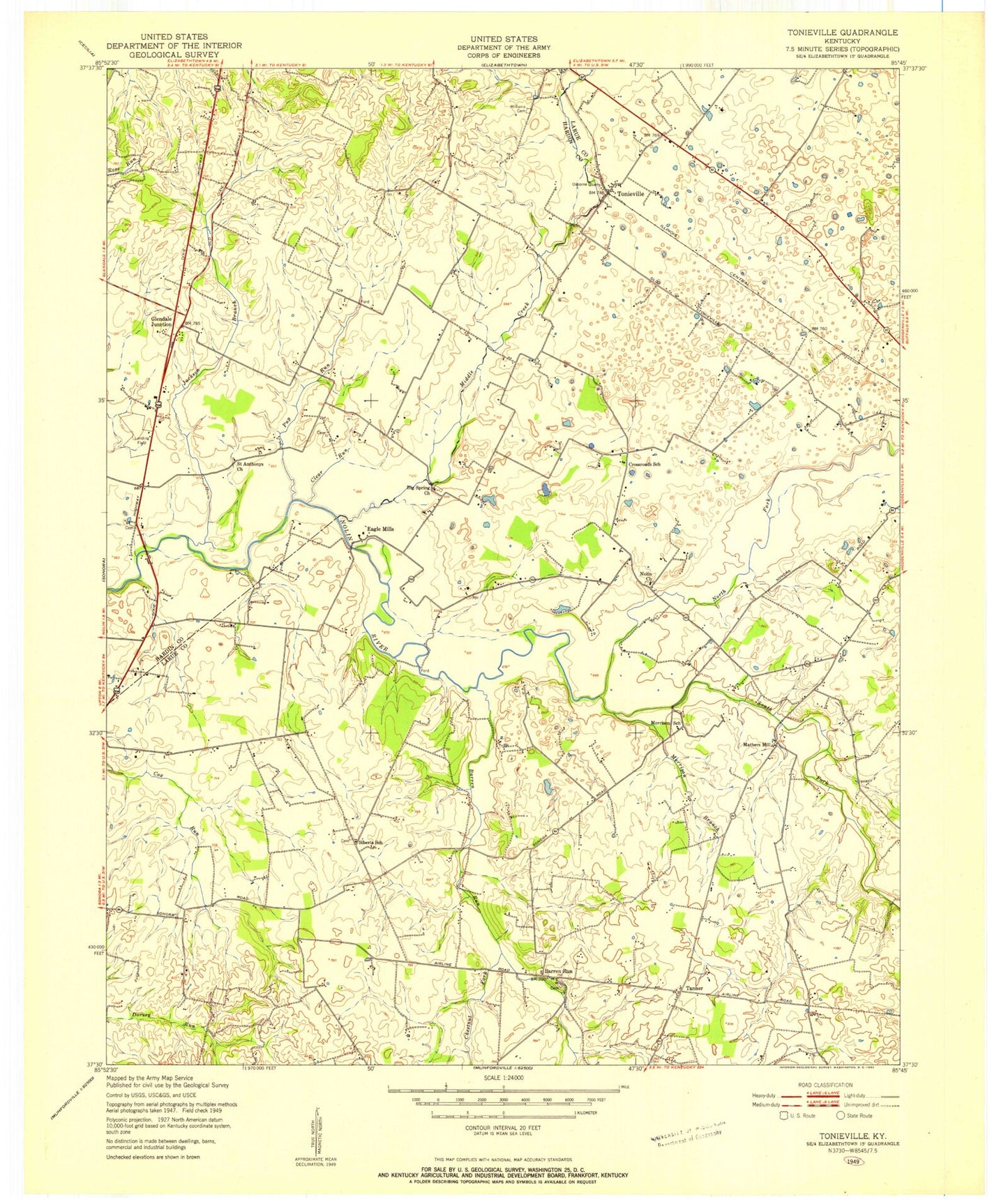 Classic USGS Tonieville Kentucky 7.5'x7.5' Topo Map Image
