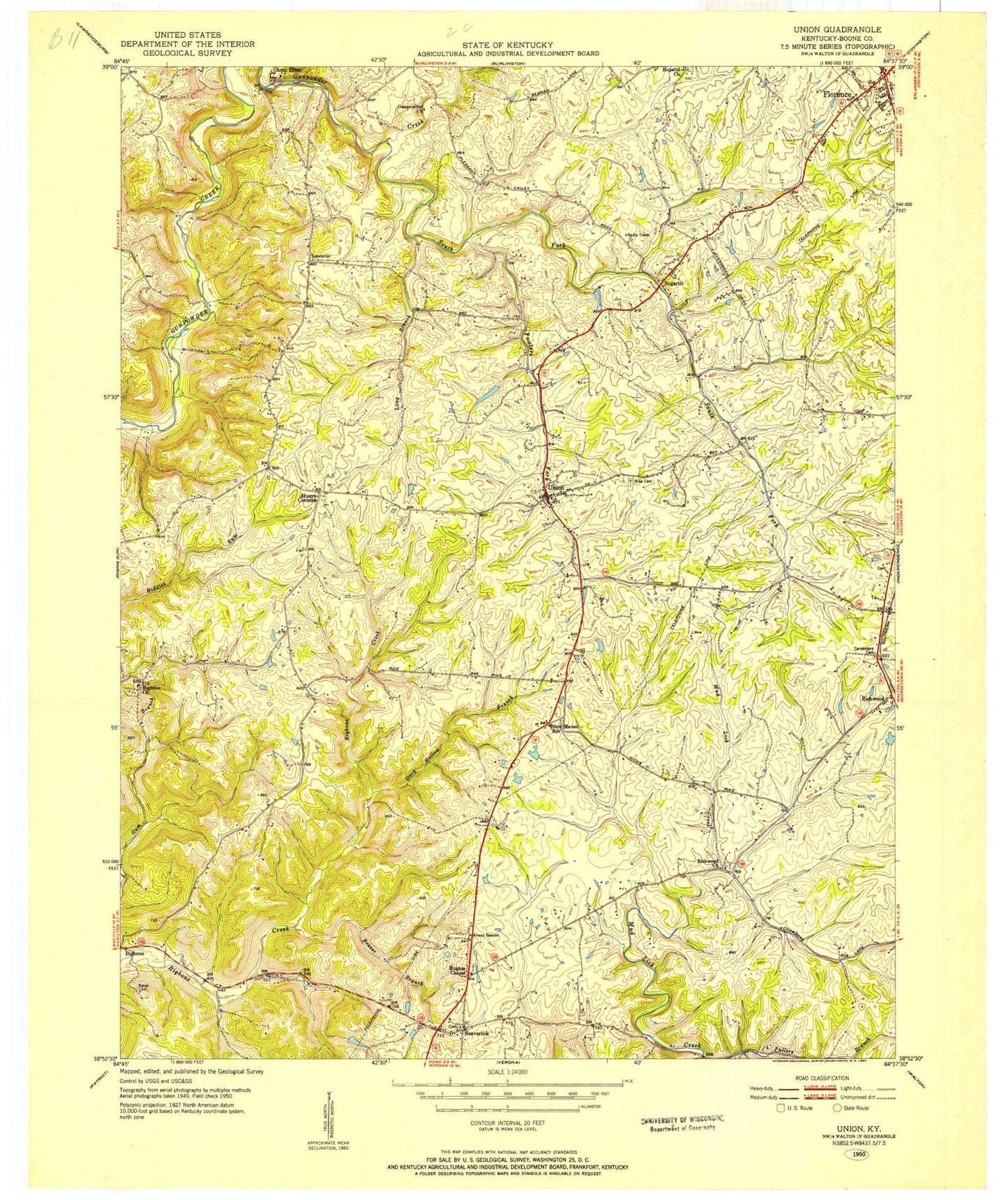 Classic USGS Union Kentucky 7.5'x7.5' Topo Map Image