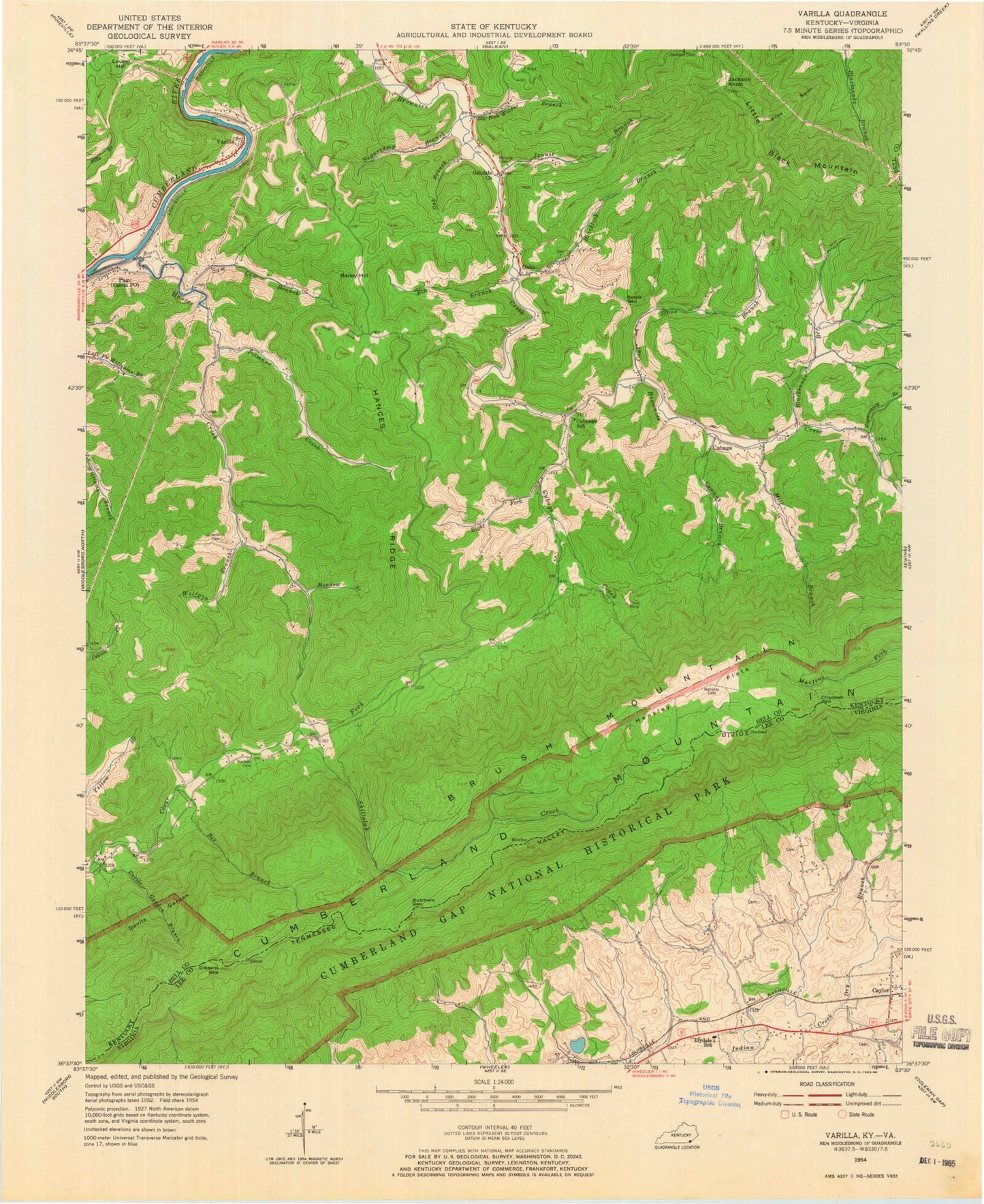 Classic USGS Varilla Kentucky 7.5'x7.5' Topo Map Image