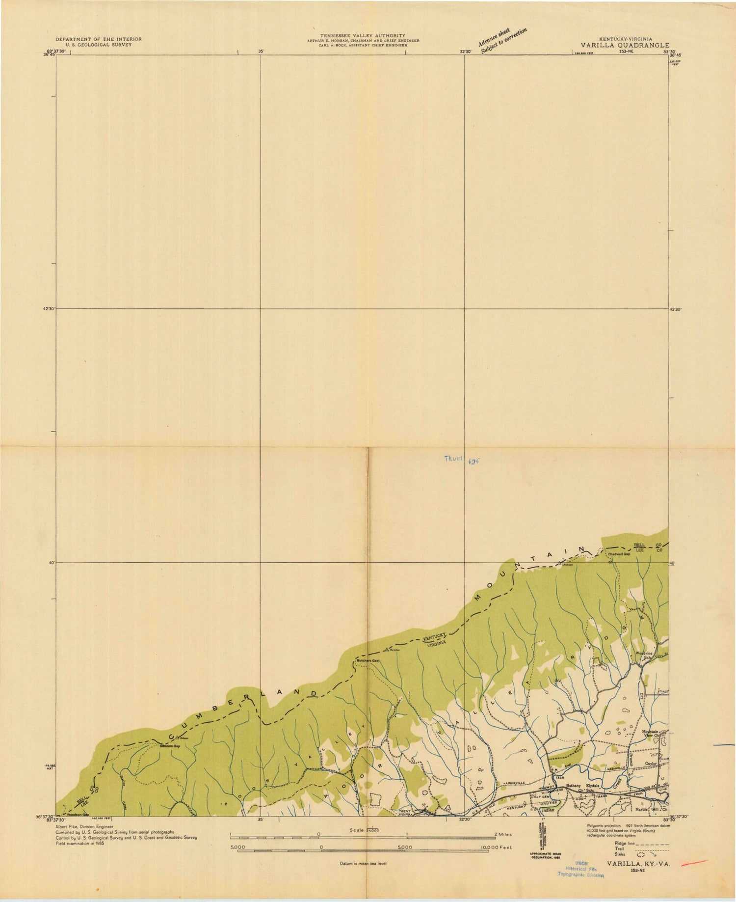Classic USGS Varilla Kentucky 7.5'x7.5' Topo Map Image