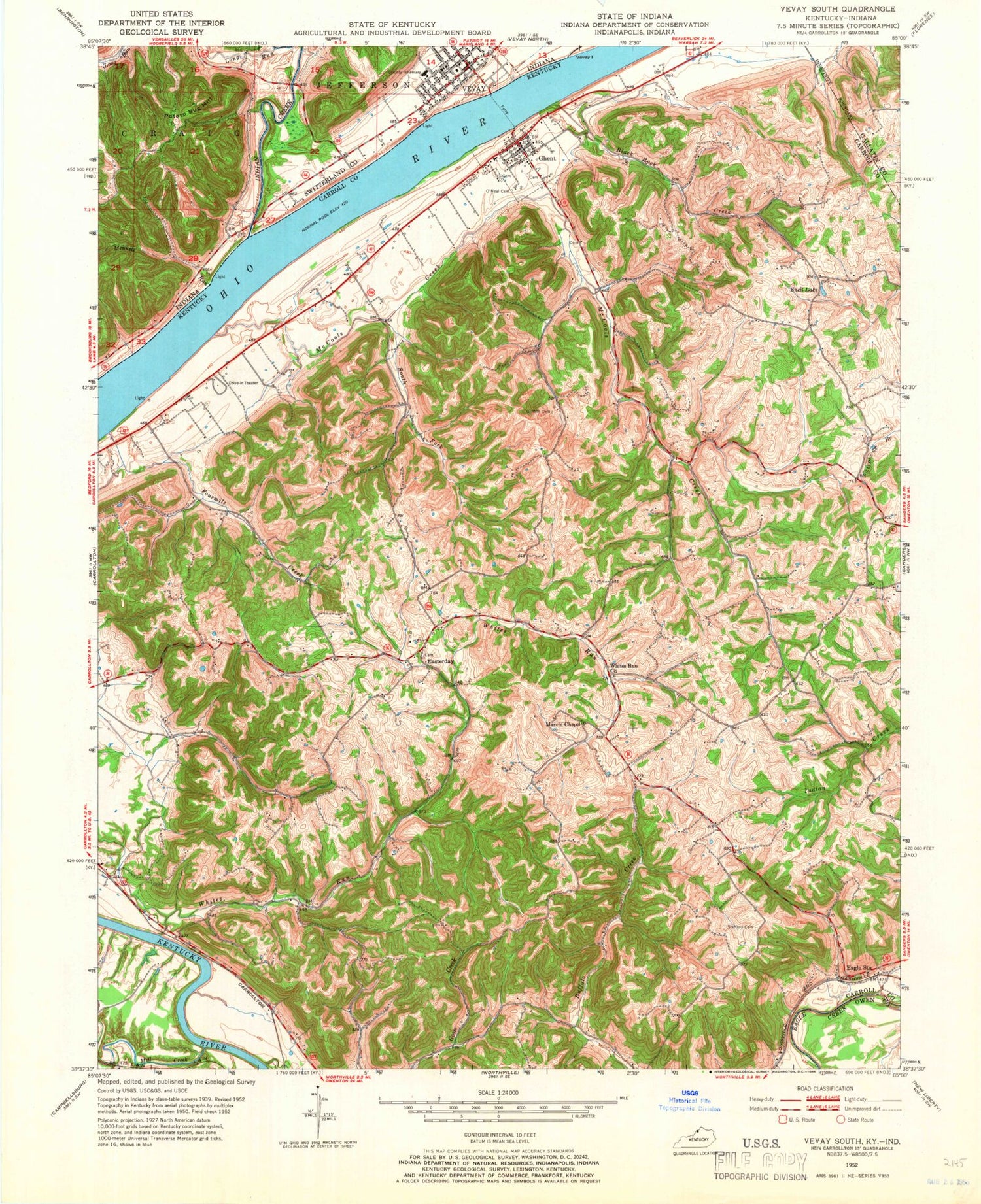 Classic USGS Vevay South Indiana 7.5'x7.5' Topo Map Image