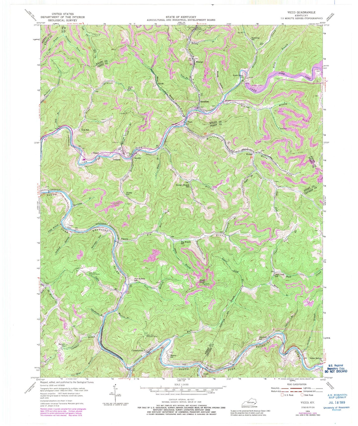 Classic USGS Vicco Kentucky 7.5'x7.5' Topo Map Image