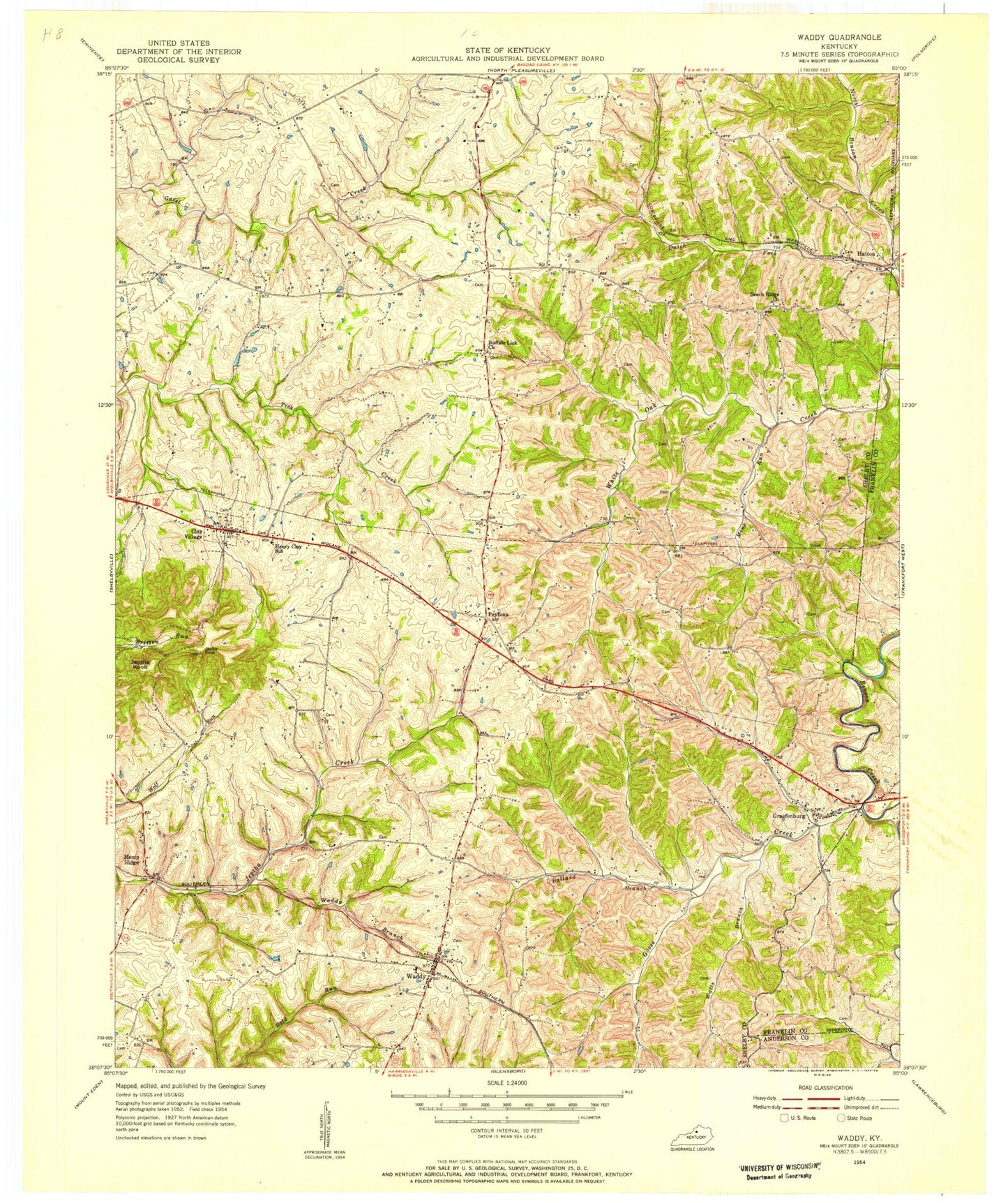 Classic USGS Waddy Kentucky 7.5'x7.5' Topo Map Image