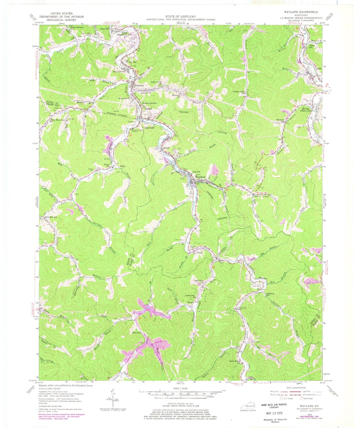 Classic USGS Wayland Kentucky 7.5'x7.5' Topo Map Image