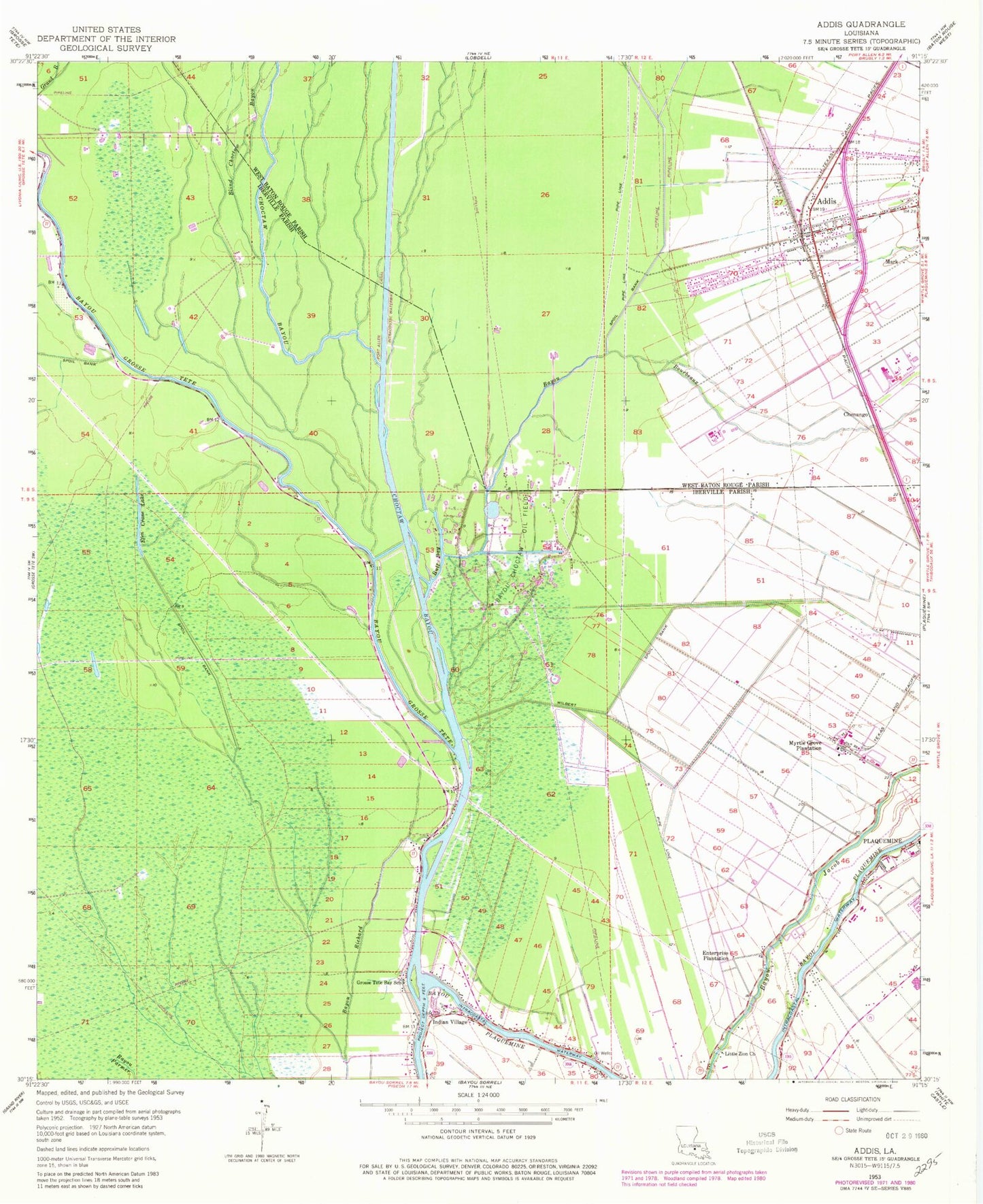 Classic USGS Addis Louisiana 7.5'x7.5' Topo Map Image