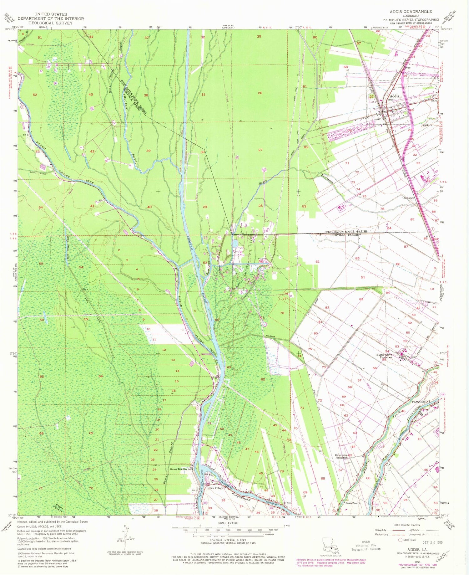 Classic USGS Addis Louisiana 7.5'x7.5' Topo Map Image
