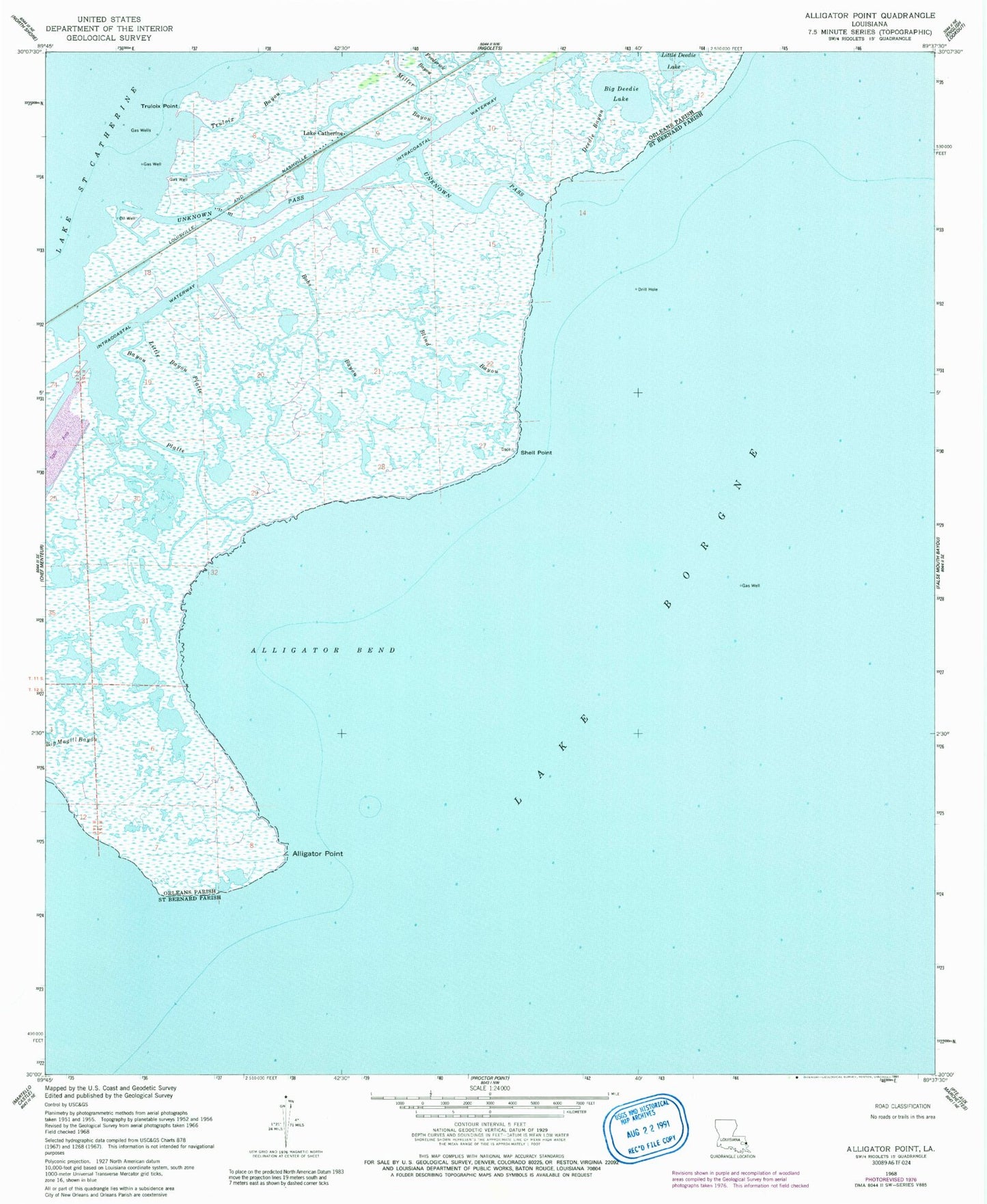 Classic USGS Alligator Point Louisiana 7.5'x7.5' Topo Map Image