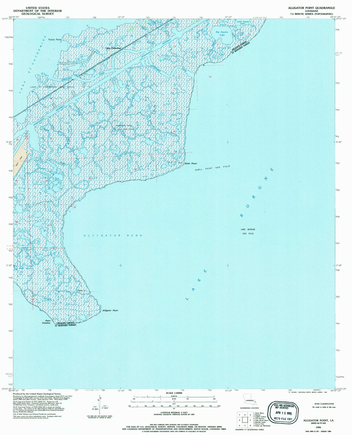 Classic USGS Alligator Point Louisiana 7.5'x7.5' Topo Map Image