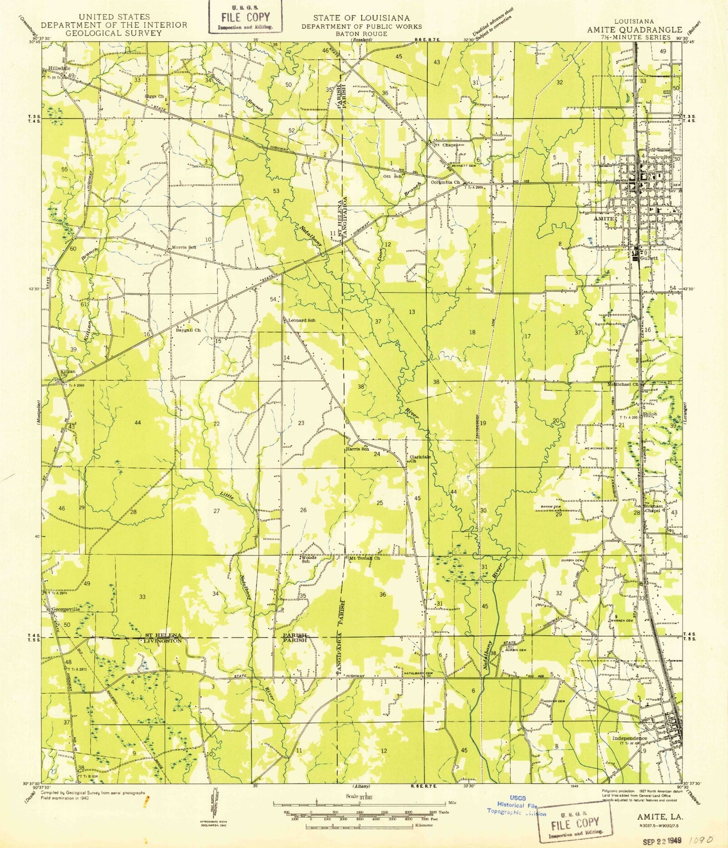 Classic USGS Amite Louisiana 7.5'x7.5' Topo Map Image