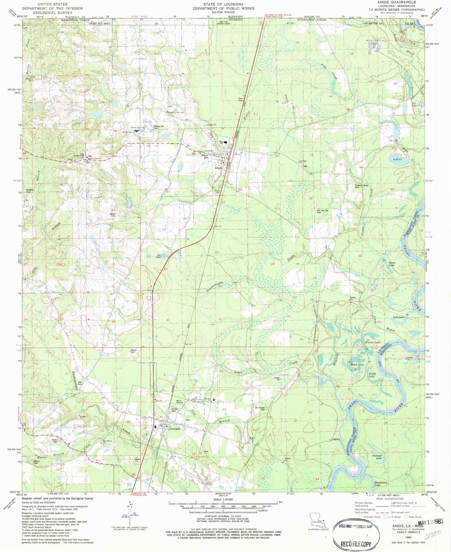 Classic USGS Angie Louisiana 7.5'x7.5' Topo Map Image