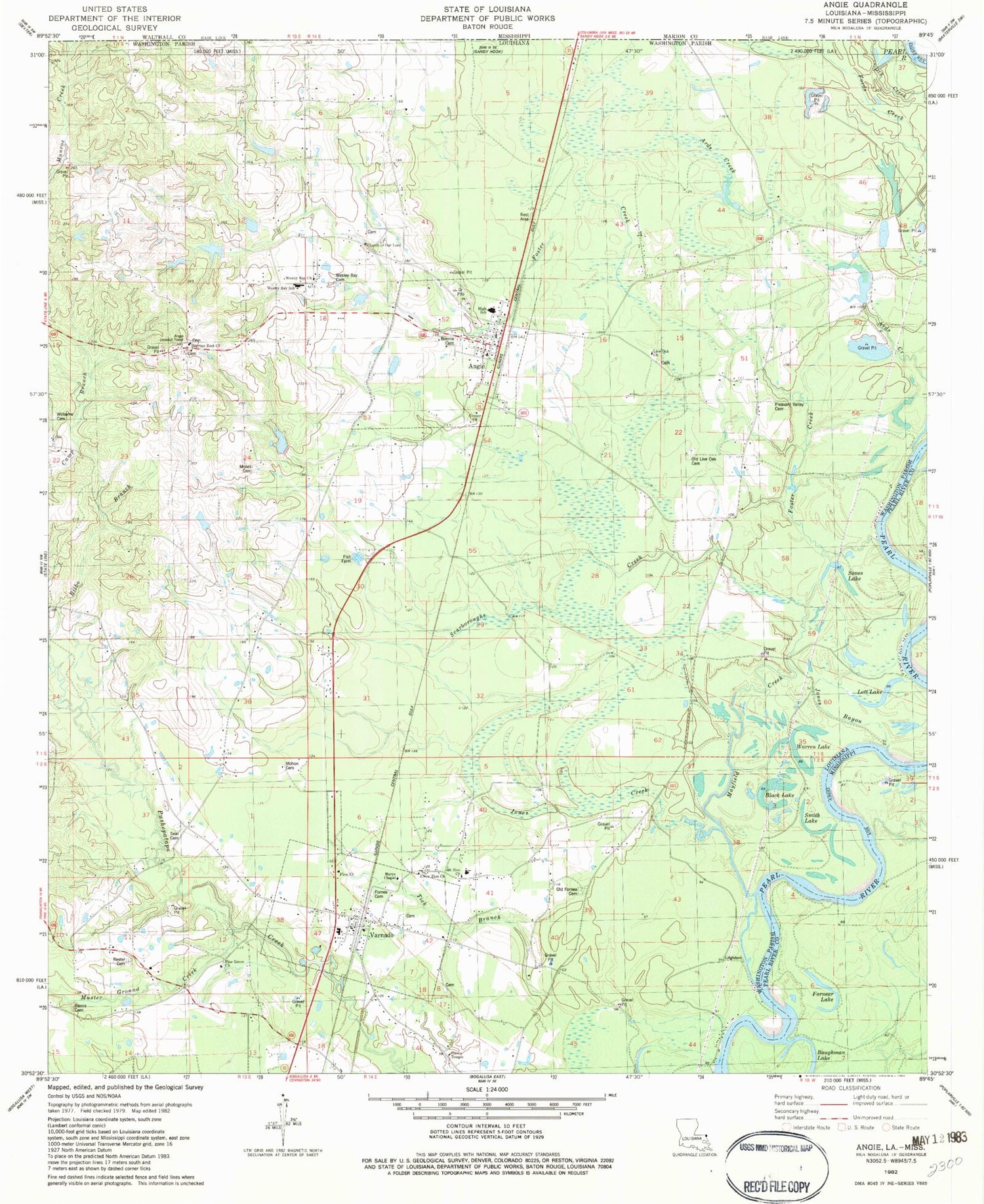 Classic USGS Angie Louisiana 7.5'x7.5' Topo Map Image