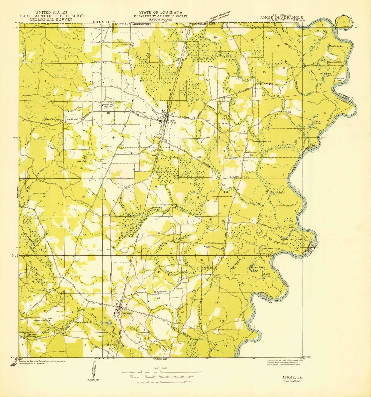 Classic USGS Angie Louisiana 7.5'x7.5' Topo Map Image
